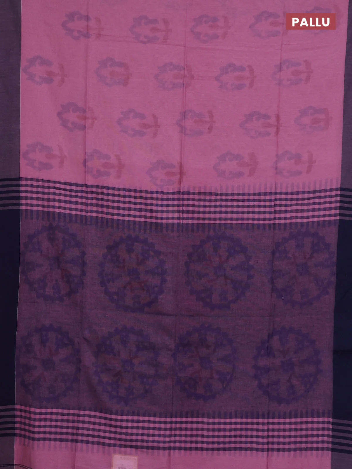 Bengal soft cotton saree pastel pink and navy blue with allover butta weaves and simple border - Image 3