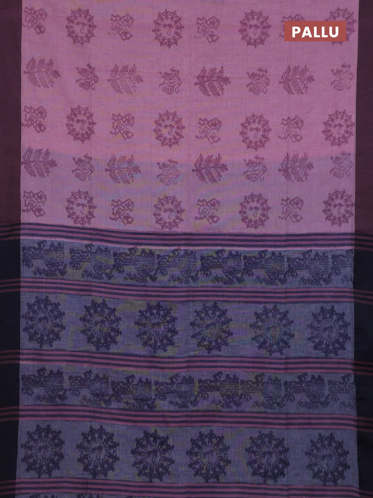 Bengal soft cotton saree pastel pink and navy blue with butta weaves and simple border - Image 3