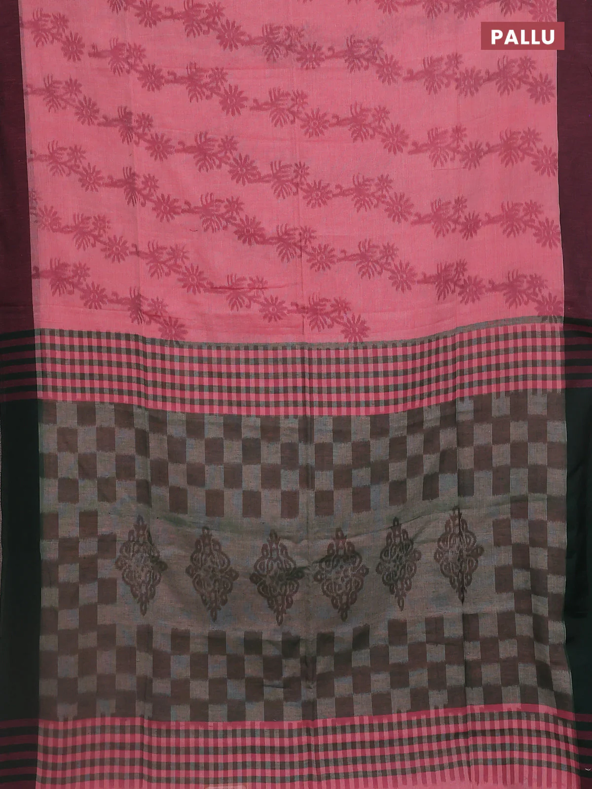 Bengal soft cotton saree peach pink and green with allover weaves and simple border - Image 3