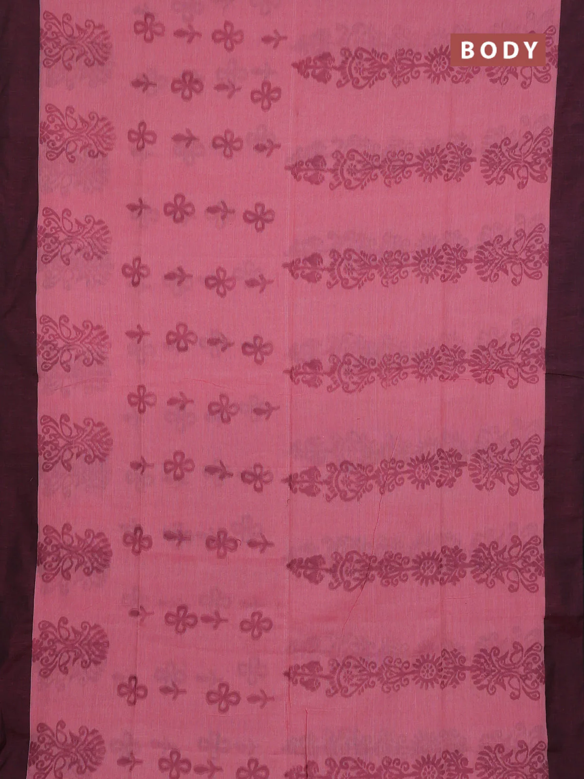 Bengal soft cotton saree peach pink and greyish green with allover weaves and simple border - Image 2