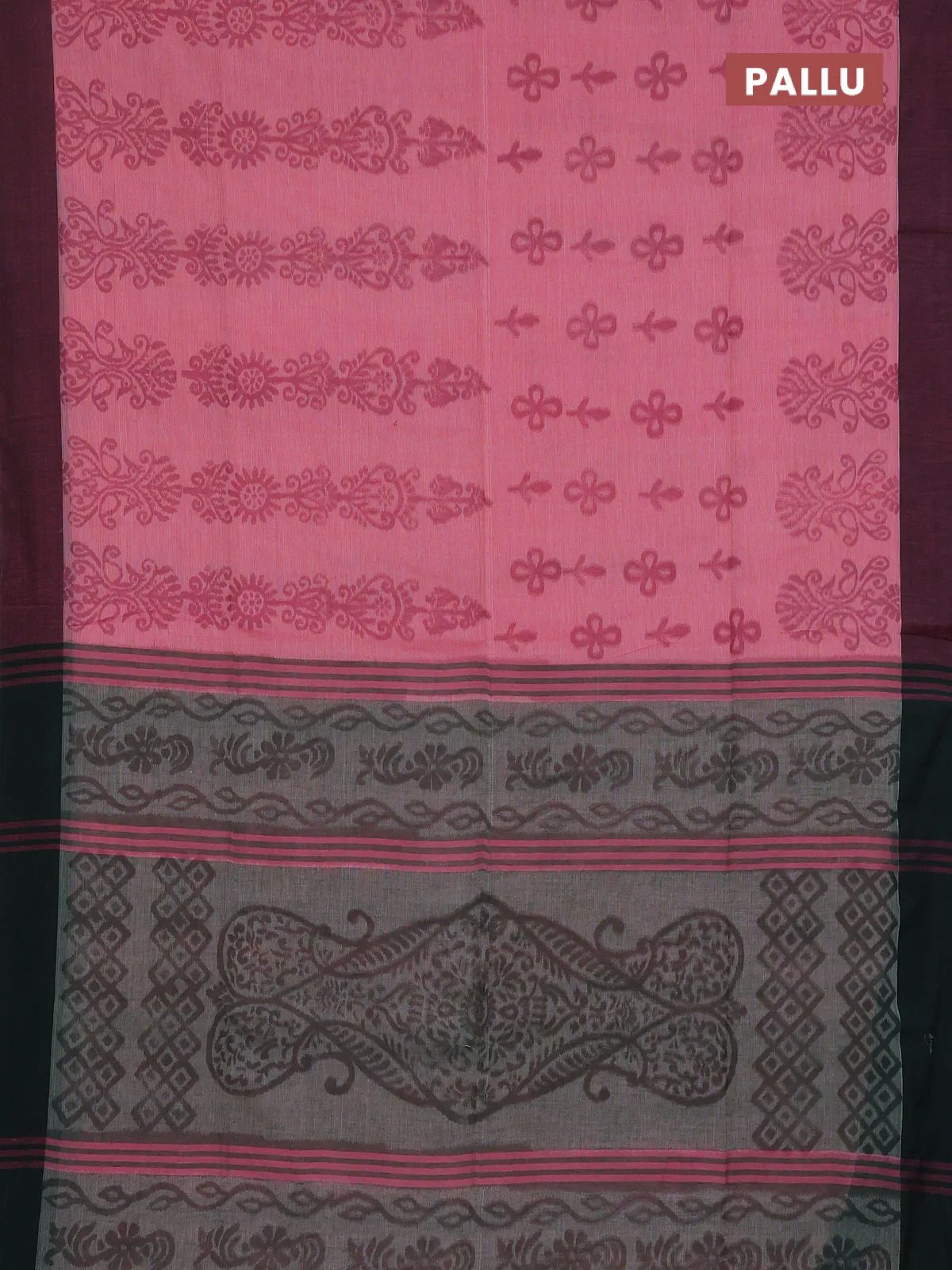 Bengal soft cotton saree peach pink and greyish green with allover weaves and simple border - Image 3