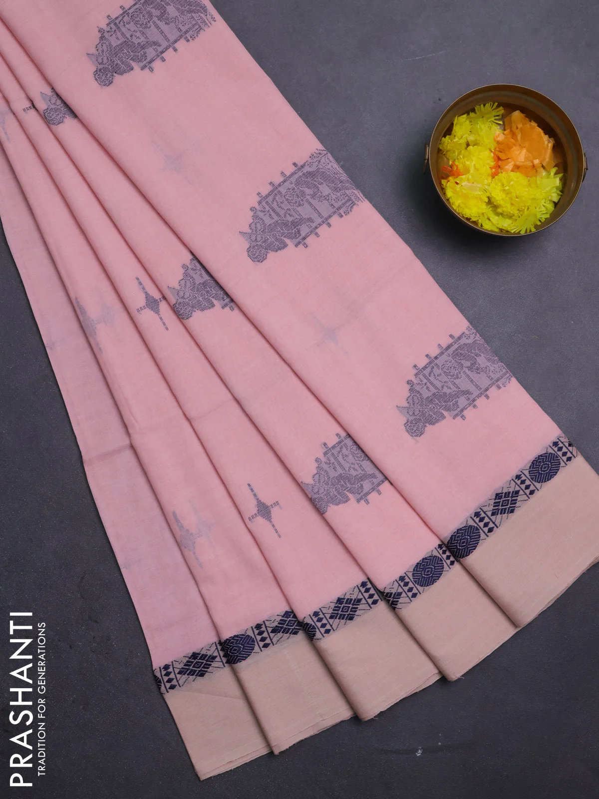 Bengal soft cotton saree peach with thread woven buttas and thread woven simple border