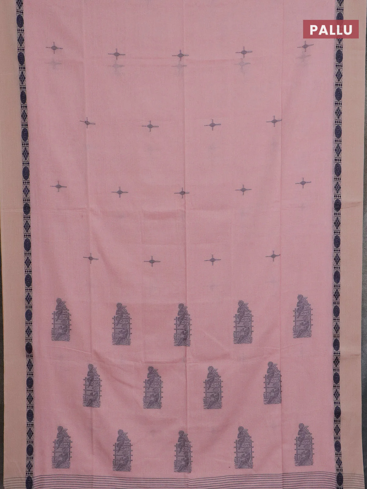Bengal soft cotton saree peach with thread woven buttas and thread woven simple border - Image 3