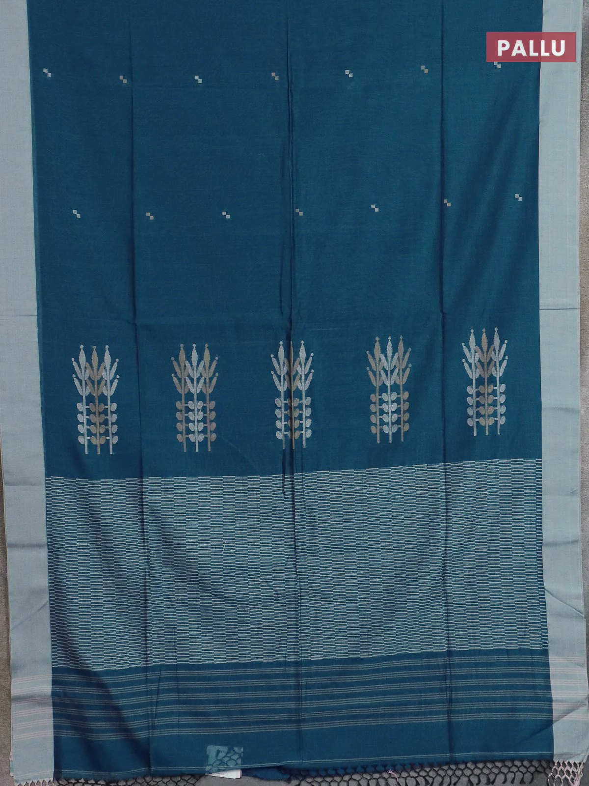 Bengal soft cotton saree peacock blue and beige with thread woven buttas and simple border - Image 3