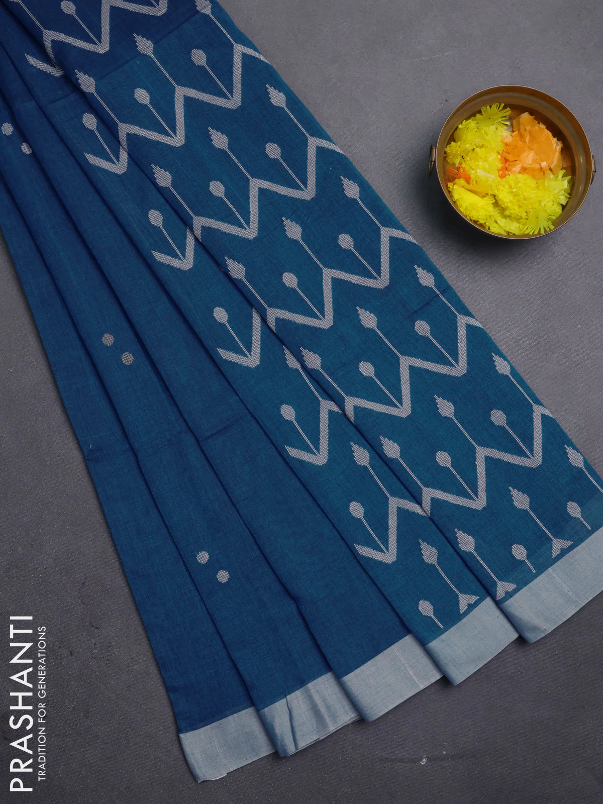 Bengal soft cotton saree peacock blue and beige with thread woven buttas and simple border