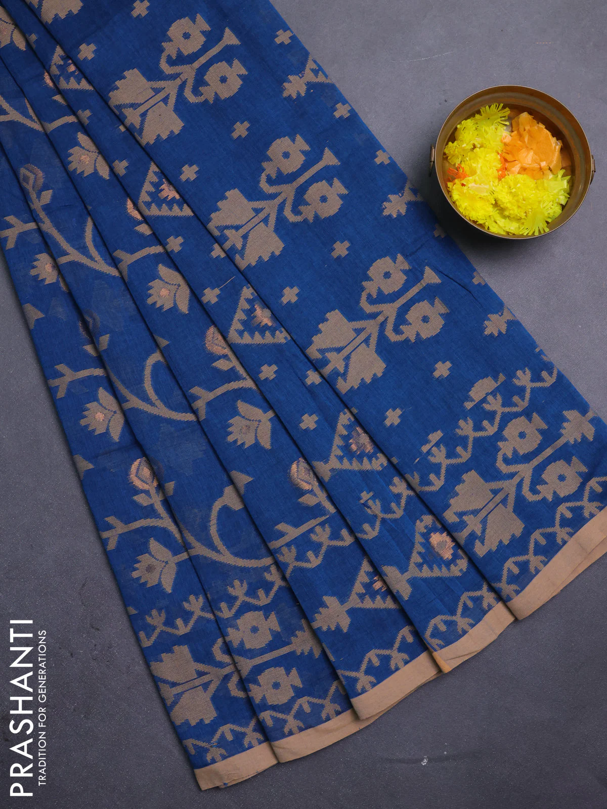 Bengal soft cotton saree peacock blue and sandal with allover thread & zari weaves and thread woven border