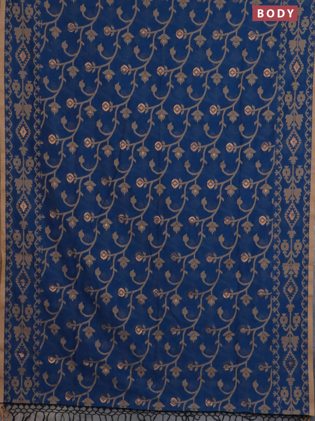 Bengal soft cotton saree peacock blue and sandal with allover thread & zari weaves and thread woven border - Image 2