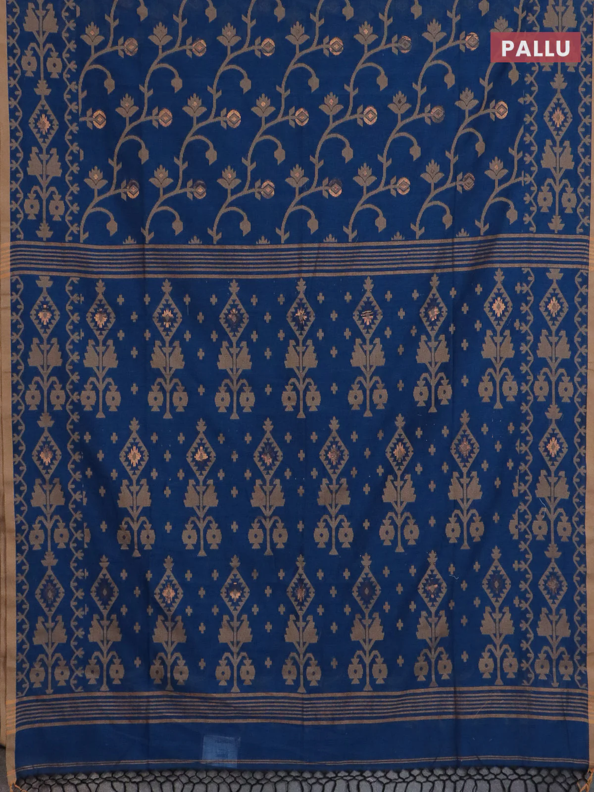 Bengal soft cotton saree peacock blue and sandal with allover thread & zari weaves and thread woven border - Image 3