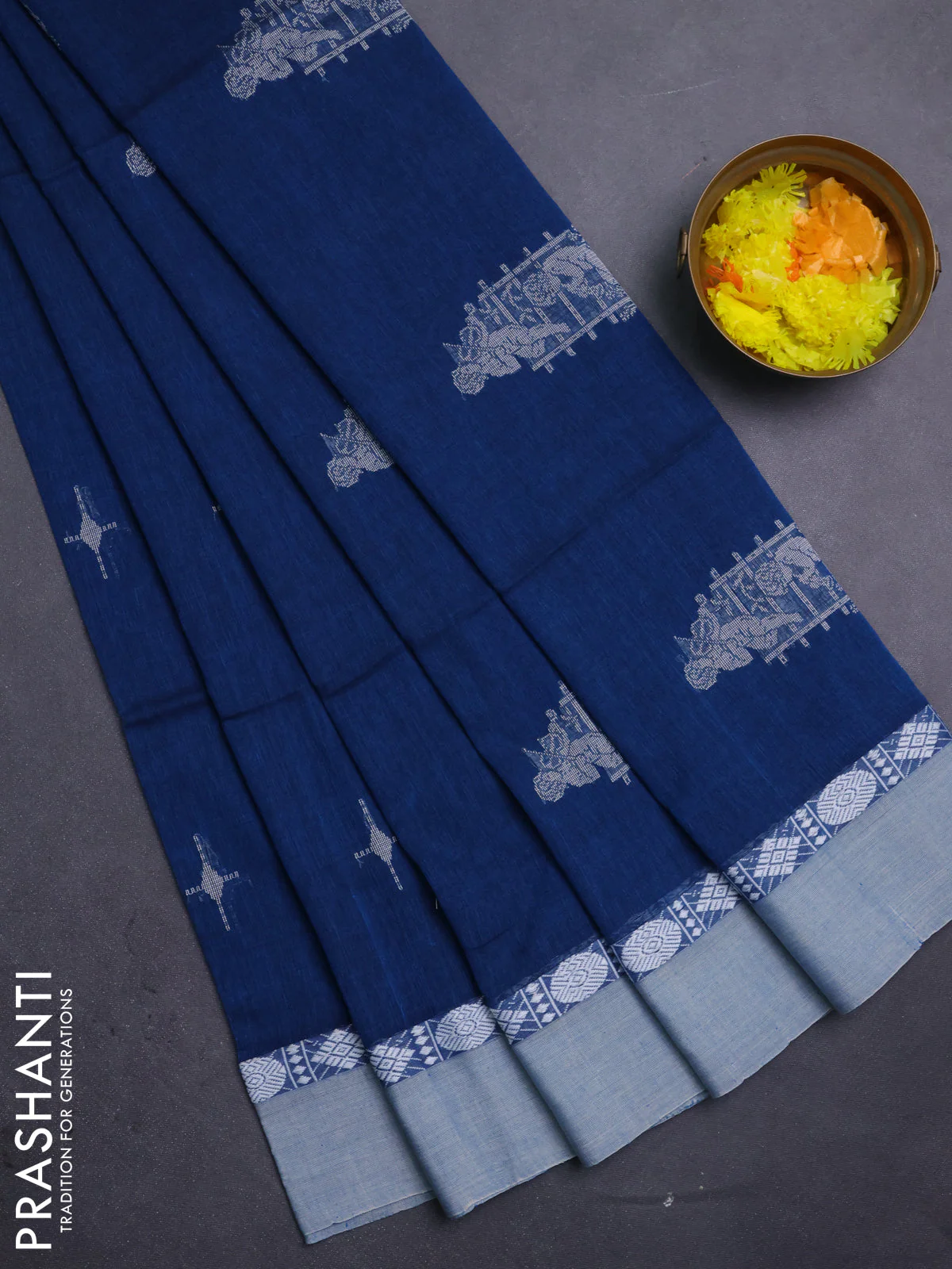 Bengal soft cotton saree peacock blue with thread woven buttas and thread woven simple border