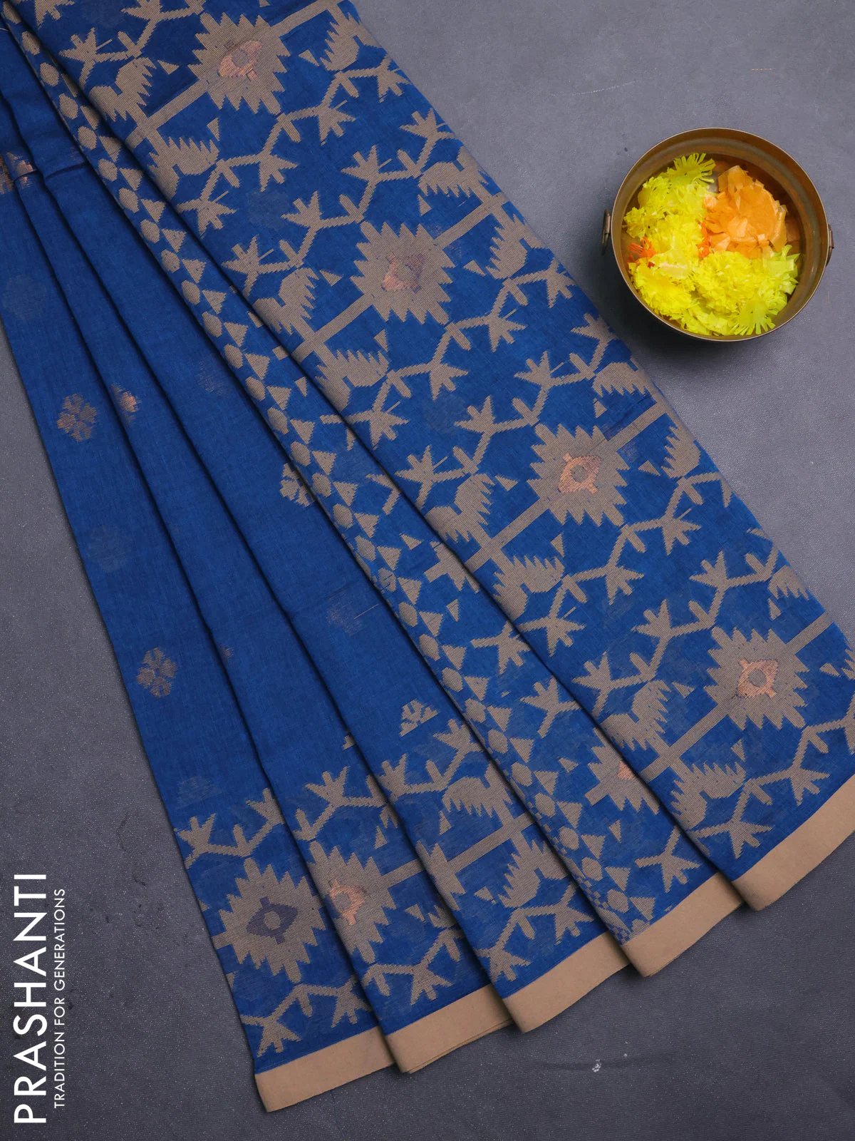 Bengal soft cotton saree peacock blue with thread & zari woven buttas and thread woven border