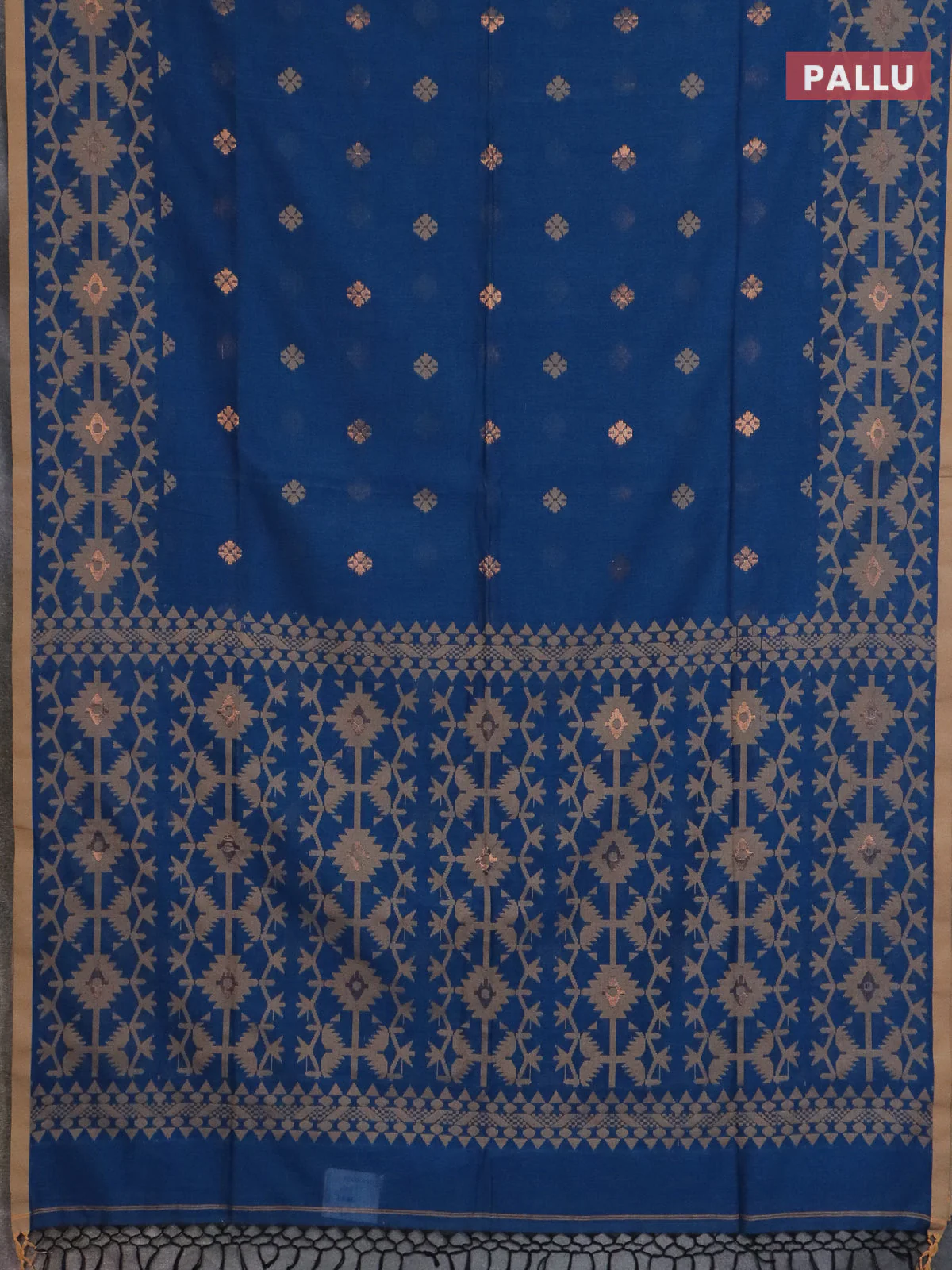 Bengal soft cotton saree peacock blue with thread & zari woven buttas and thread woven border - Image 3