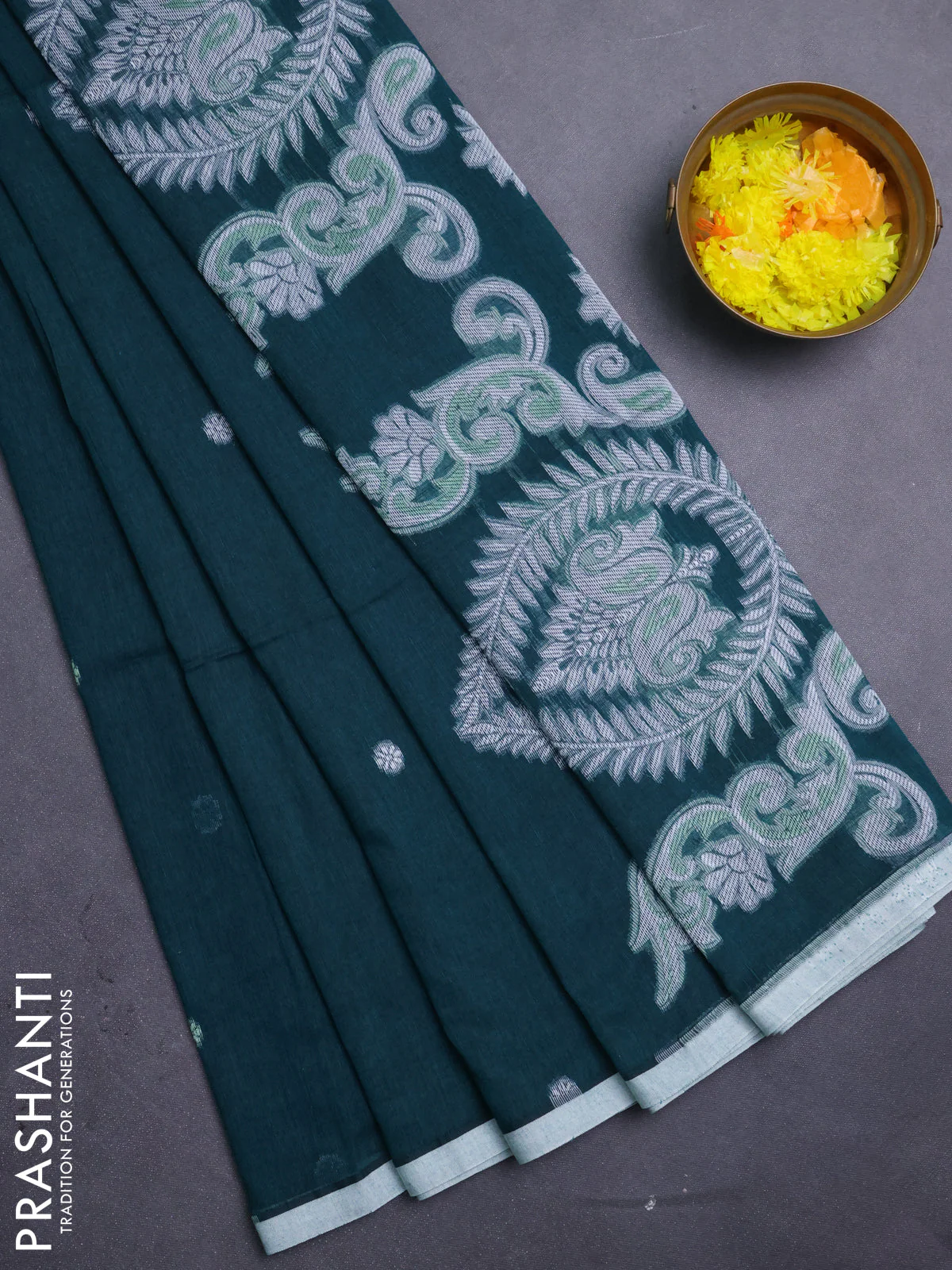 Bengal soft cotton saree peacock green and off white with thread woven buttas and piping border