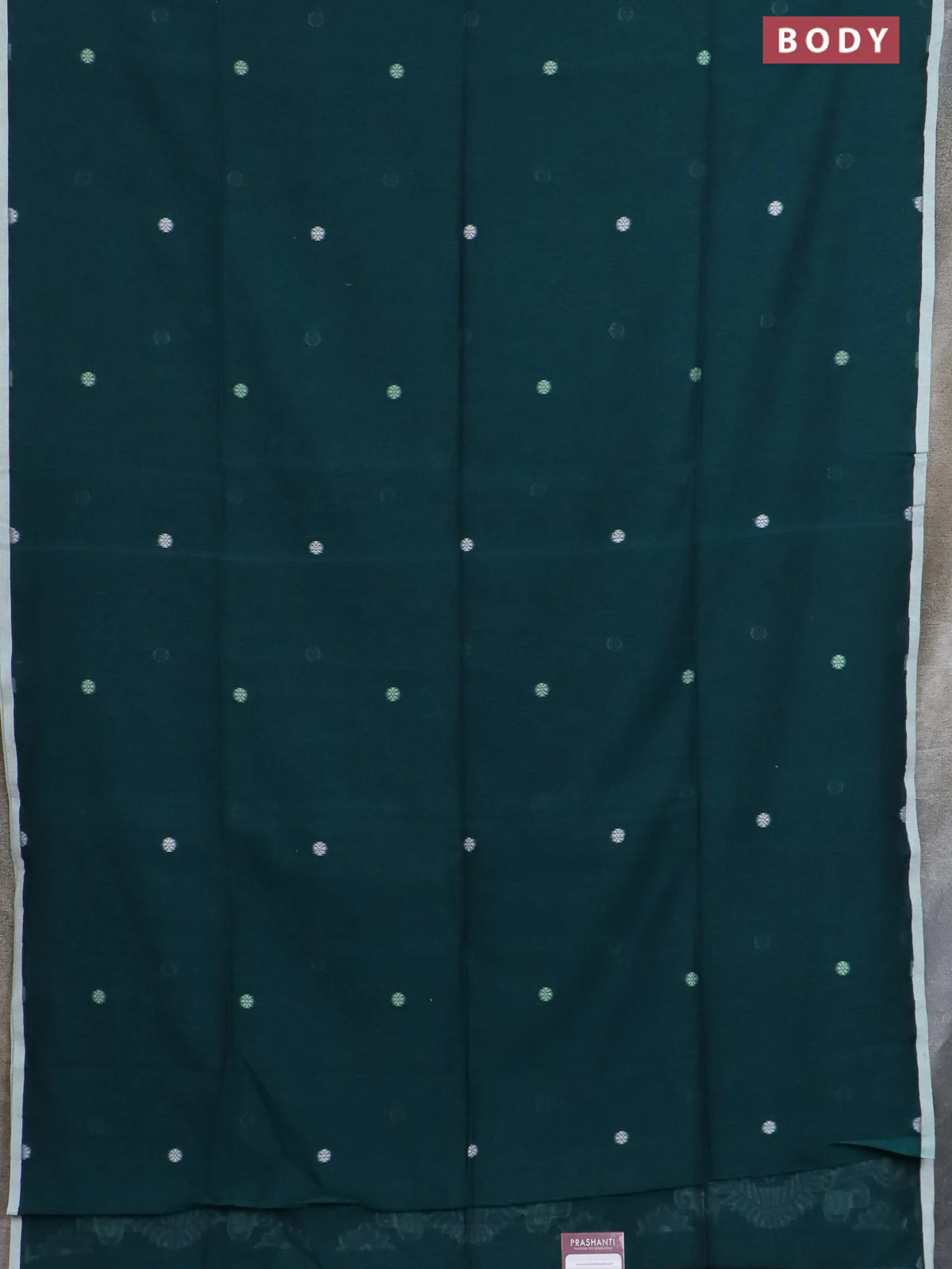Bengal soft cotton saree peacock green and off white with thread woven buttas and piping border - Image 2