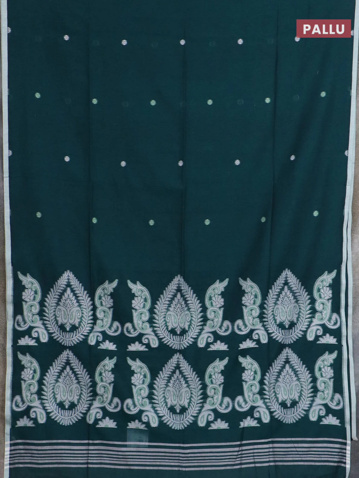 Bengal soft cotton saree peacock green and off white with thread woven buttas and piping border - Image 3