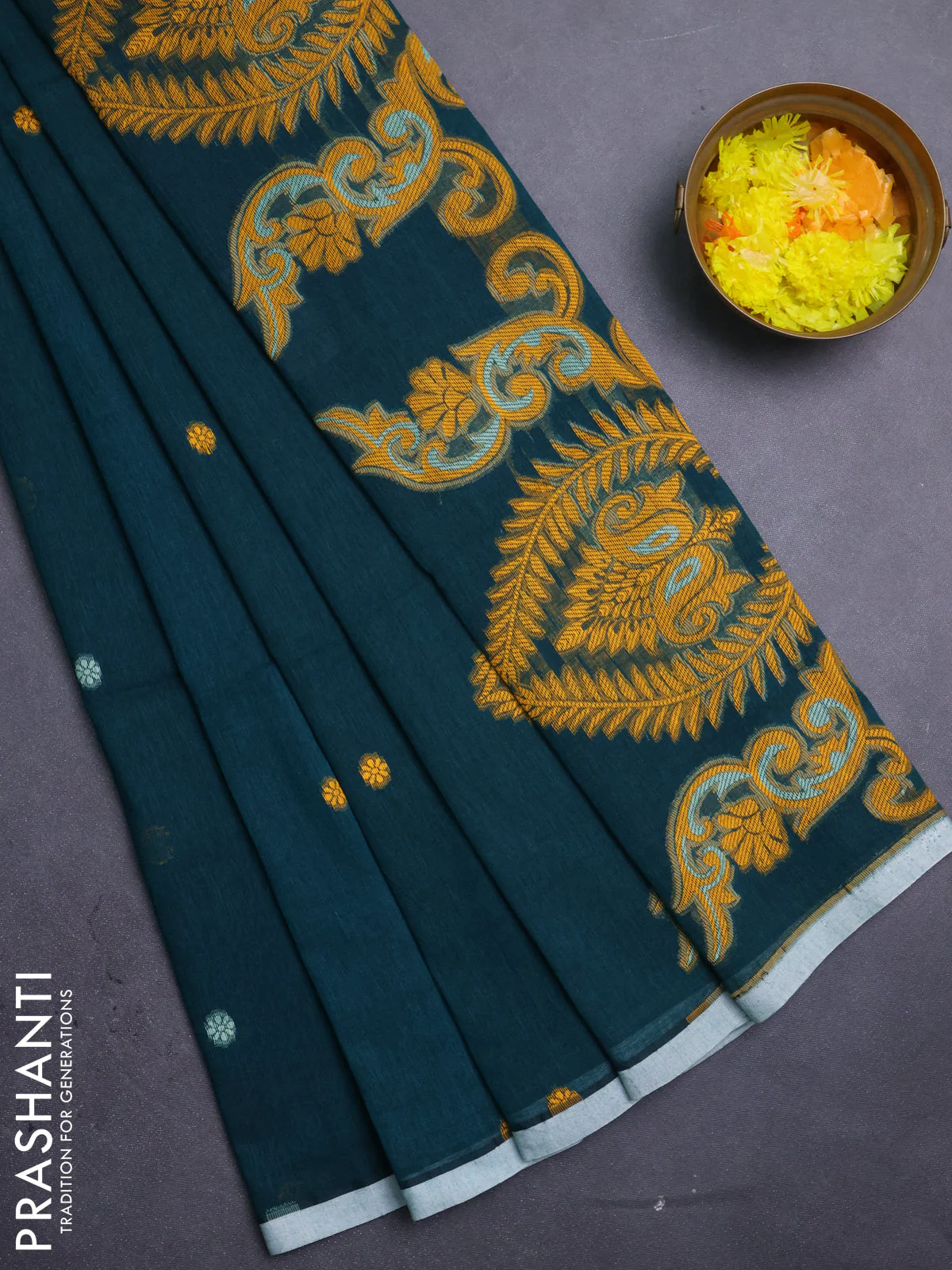 Bengal soft cotton saree peacock green and off white with thread woven buttas and piping border