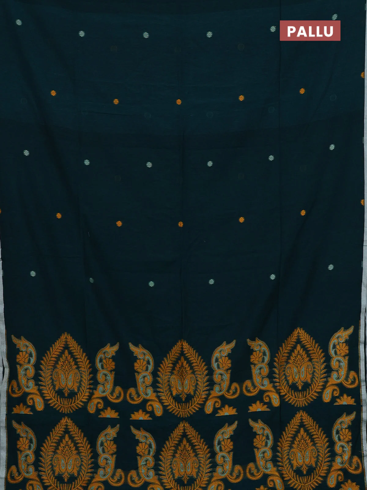 Bengal soft cotton saree peacock green and off white with thread woven buttas and piping border - Image 3