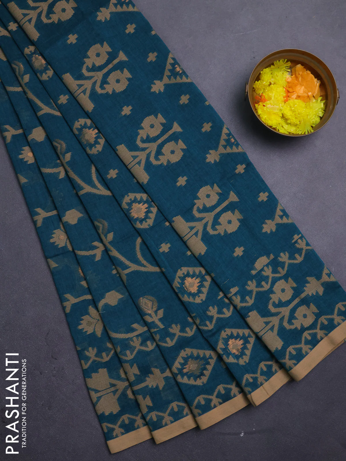 Bengal soft cotton saree peacock green and sandal with allover thread & zari weaves and thread woven border