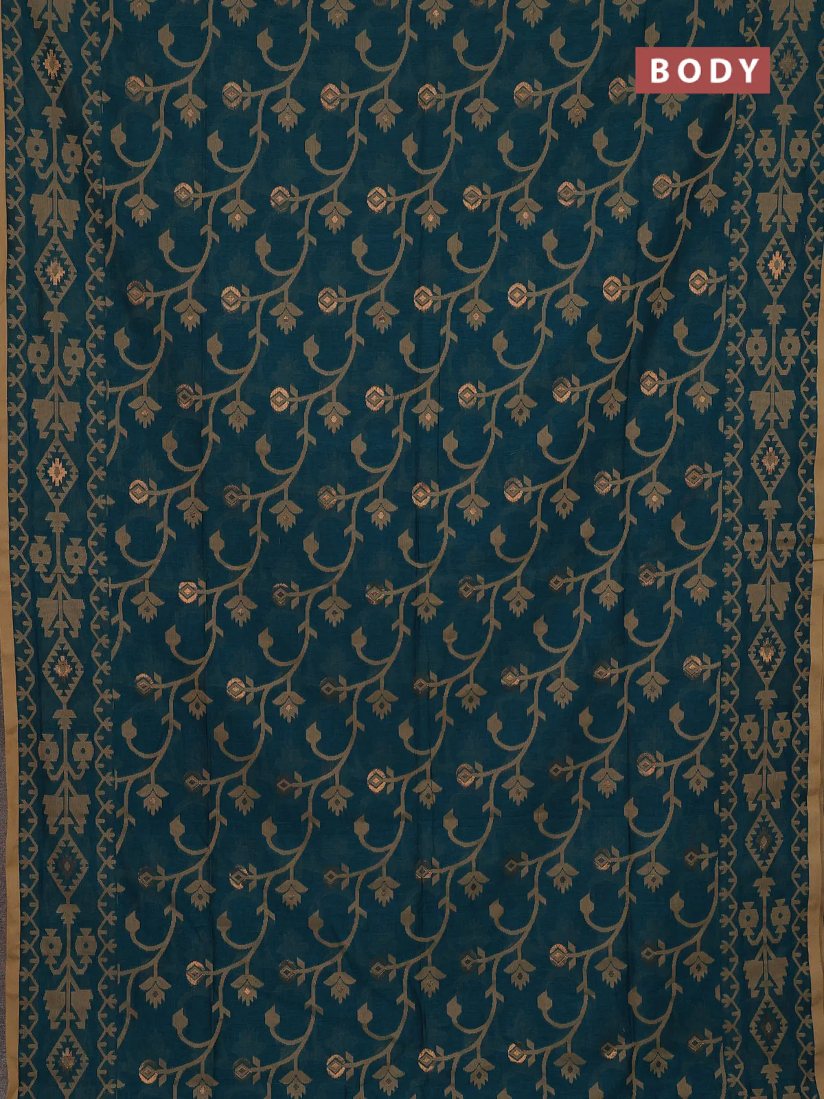 Bengal soft cotton saree peacock green and sandal with allover thread & zari weaves and thread woven border - Image 2