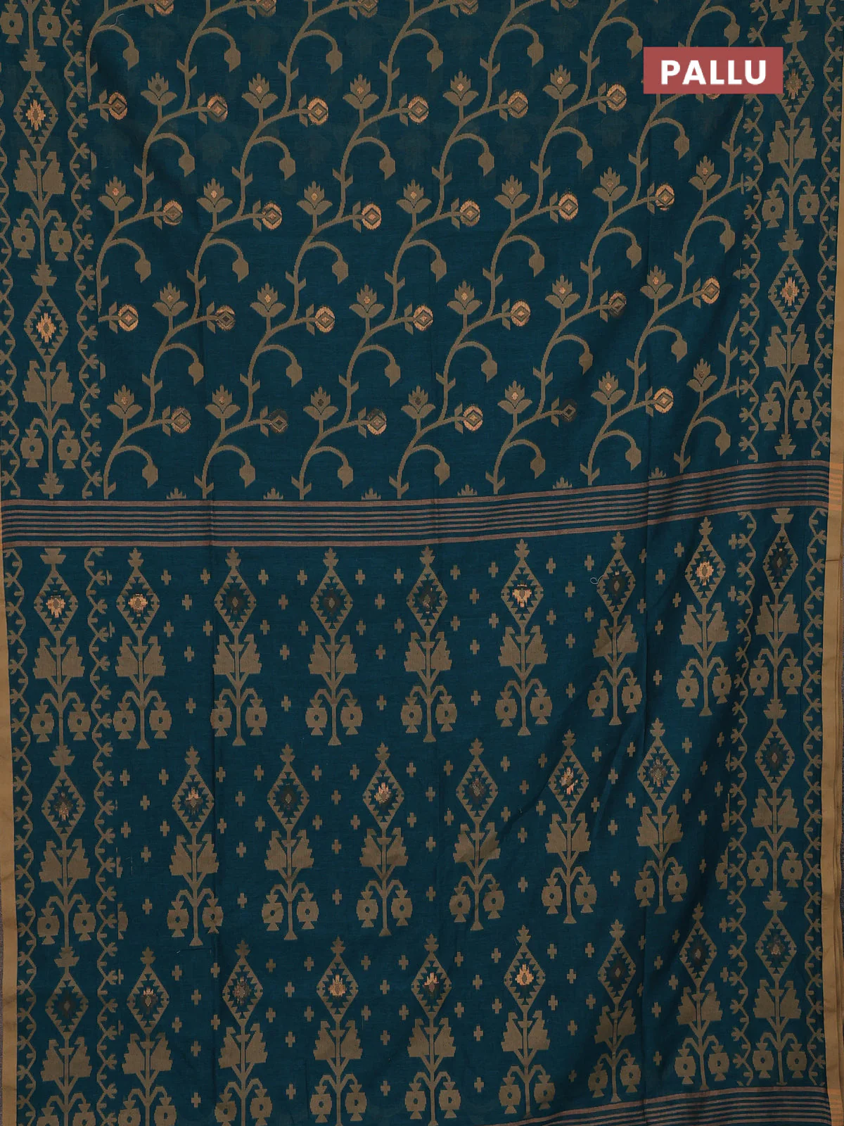 Bengal soft cotton saree peacock green and sandal with allover thread & zari weaves and thread woven border - Image 3