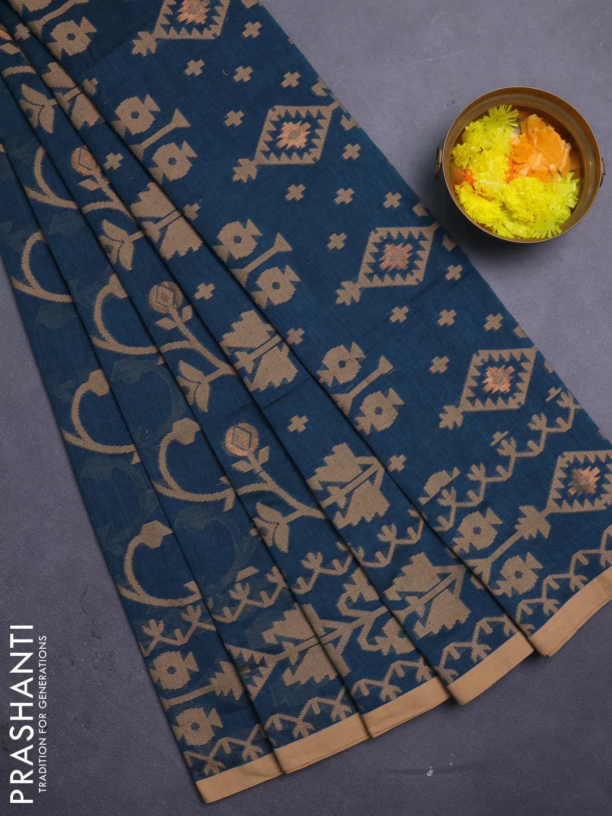 Bengal soft cotton saree peacock green and sandal with allover thread & zari weaves and thread woven border