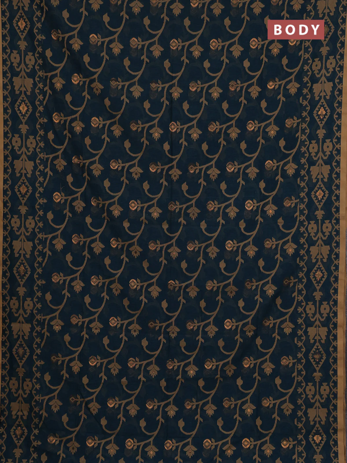 Bengal soft cotton saree peacock green and sandal with allover thread & zari weaves and thread woven border - Image 2