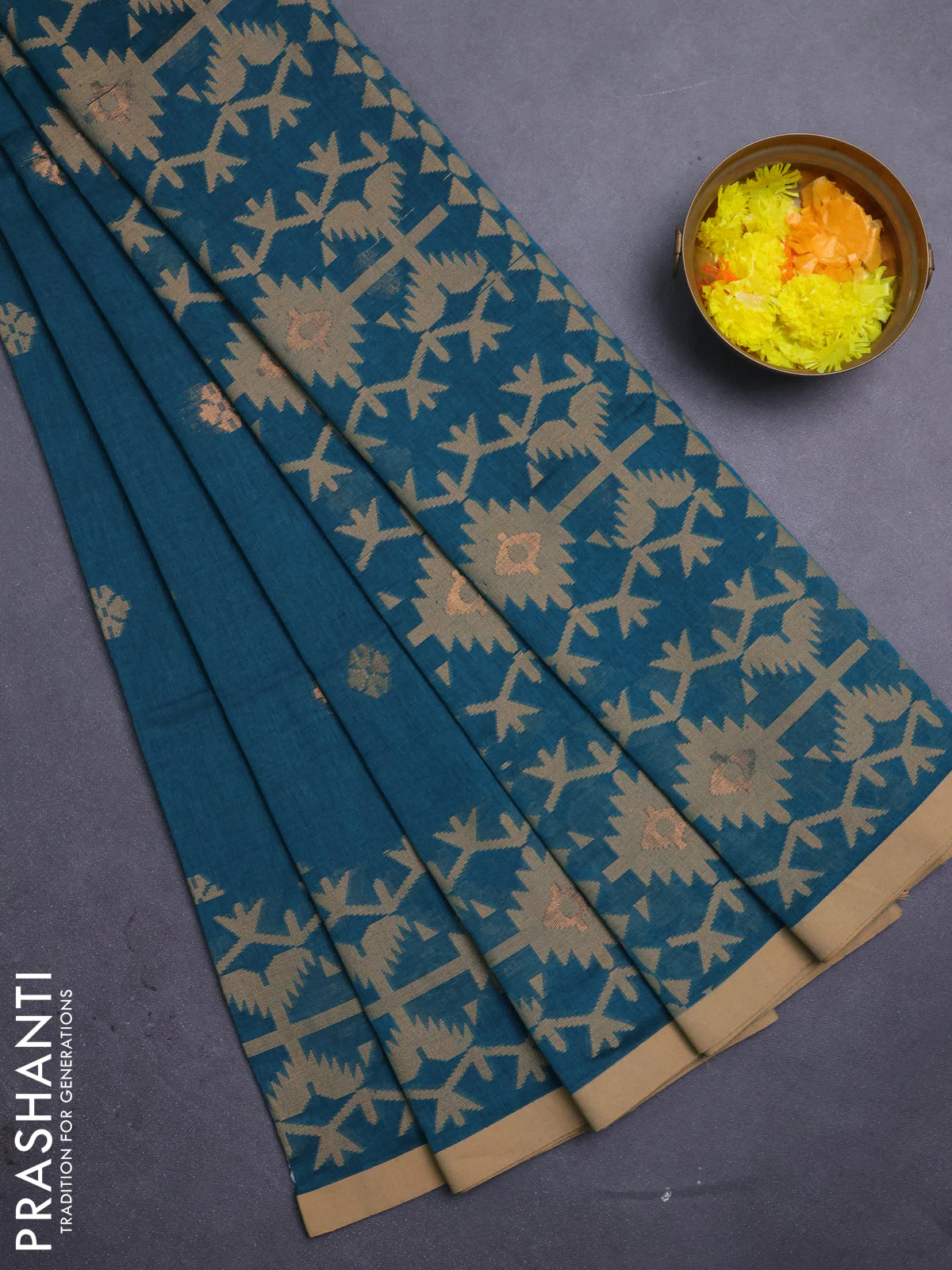 Bengal soft cotton saree peacock green and sandal with thread & zari woven buttas and thread woven border