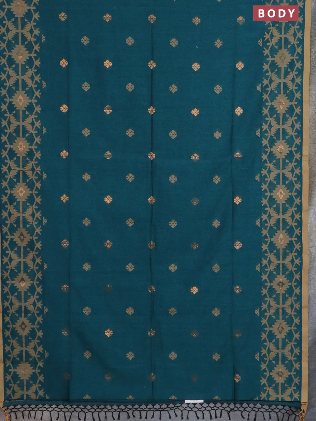 Bengal soft cotton saree peacock green and sandal with thread & zari woven buttas and thread woven border - Image 2