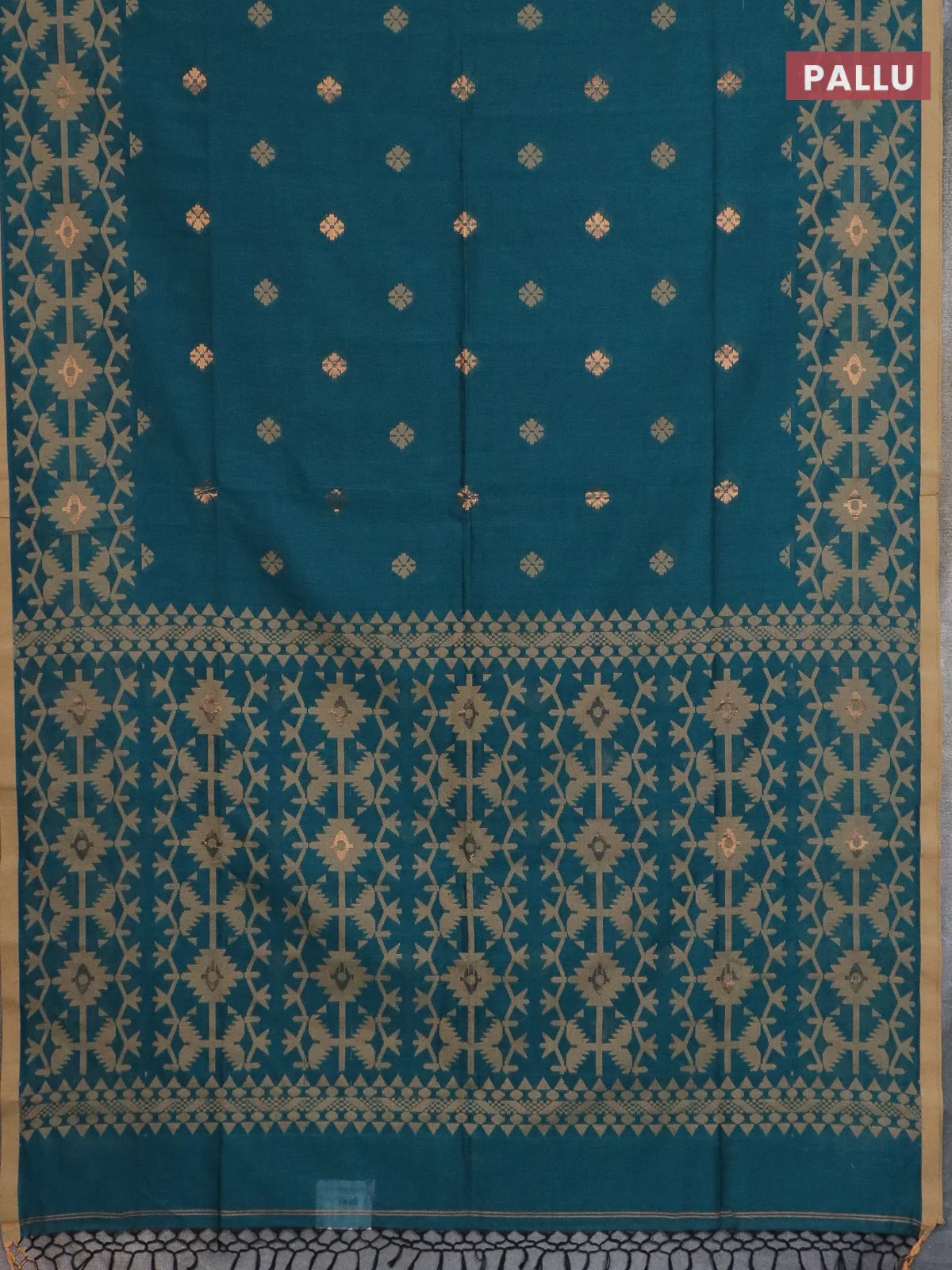 Bengal soft cotton saree peacock green and sandal with thread & zari woven buttas and thread woven border - Image 3