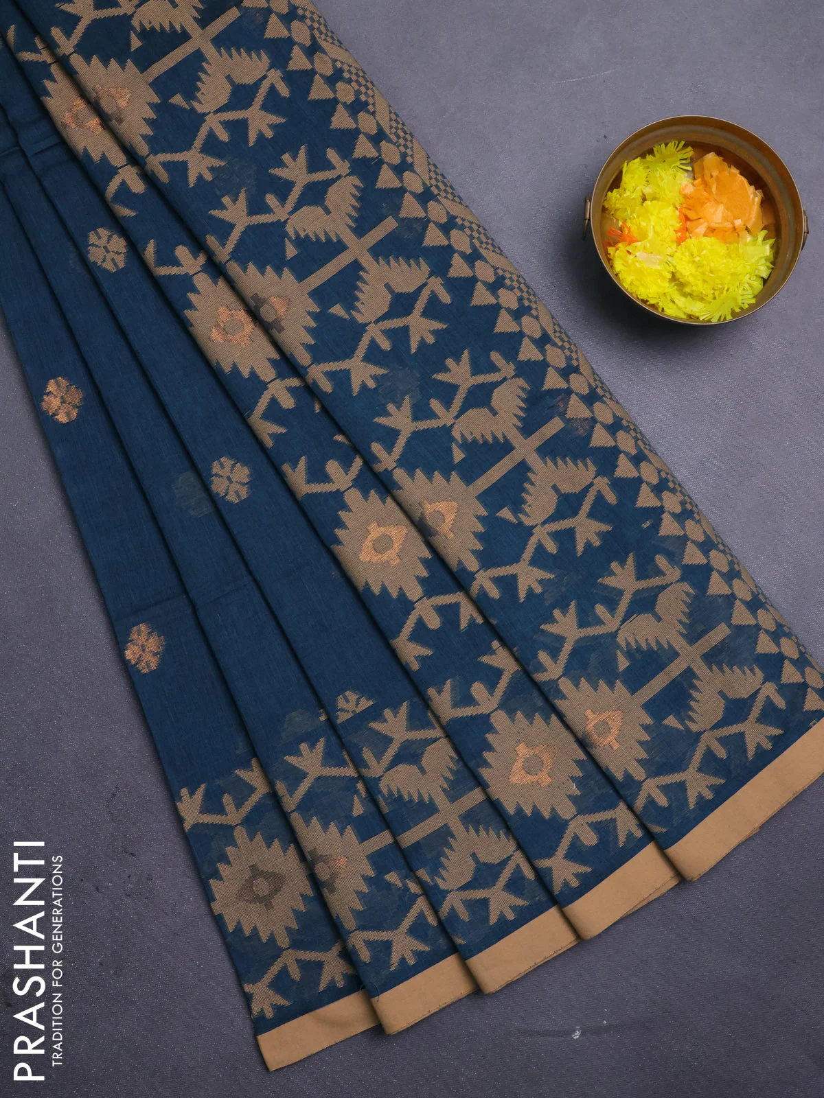 Bengal soft cotton saree peacock green and sandal with thread & zari woven buttas and thread woven border