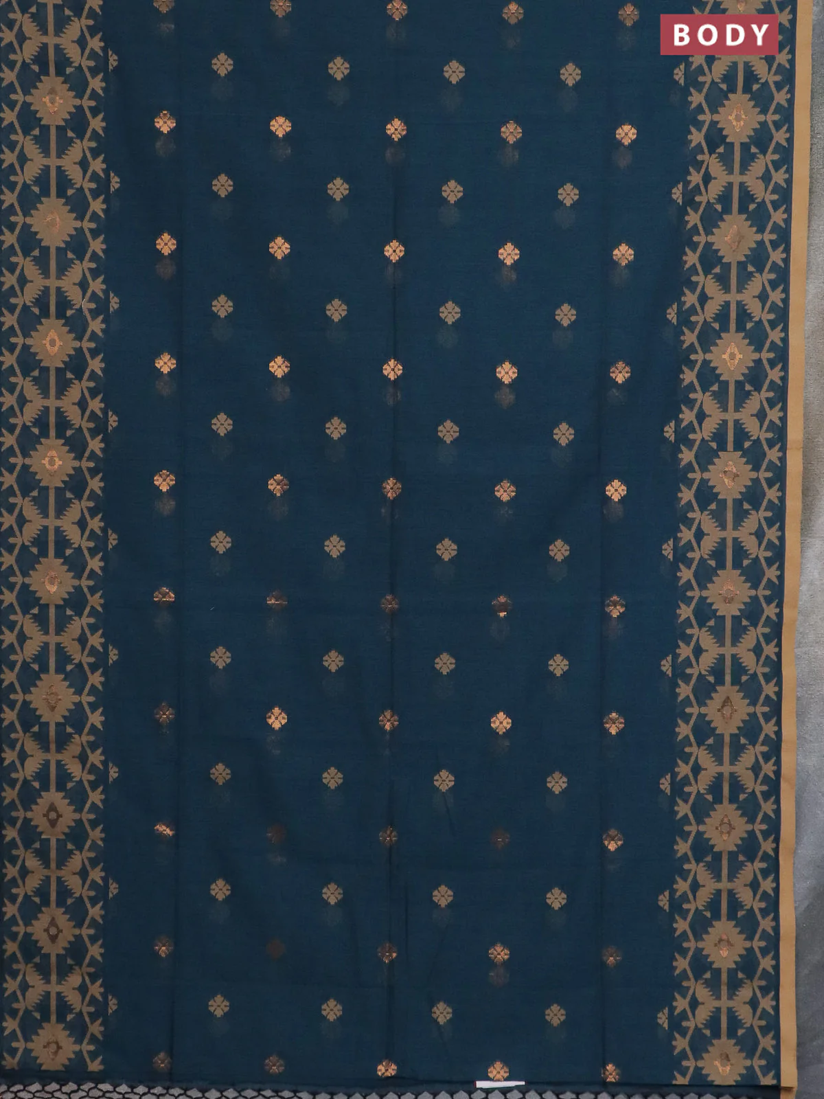 Bengal soft cotton saree peacock green and sandal with thread & zari woven buttas and thread woven border - Image 2