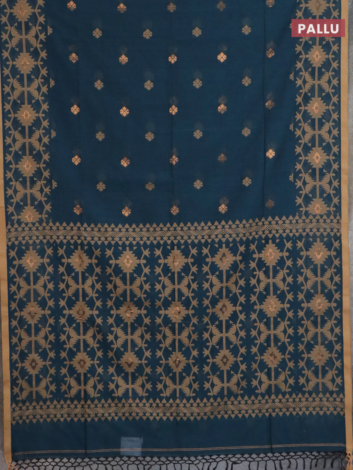 Bengal soft cotton saree peacock green and sandal with thread & zari woven buttas and thread woven border - Image 3