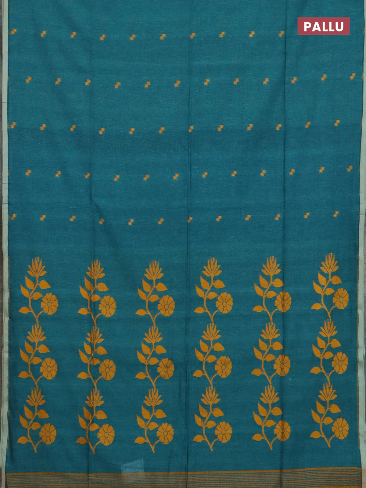 Bengal soft cotton saree peacock green with thread woven buttas and piping border - Image 3