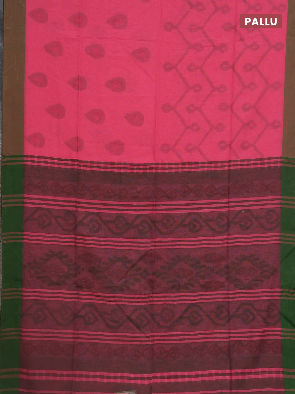 Bengal soft cotton saree pink and dual shade of green with allover weaves and simple border - Image 3