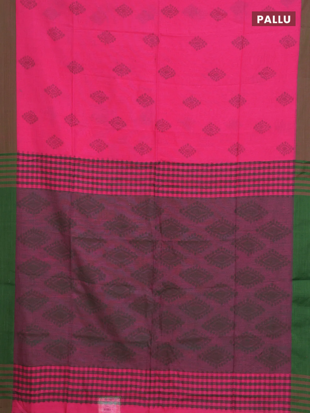 Bengal soft cotton saree pink and green with allover butta weaves and simple border - Image 3