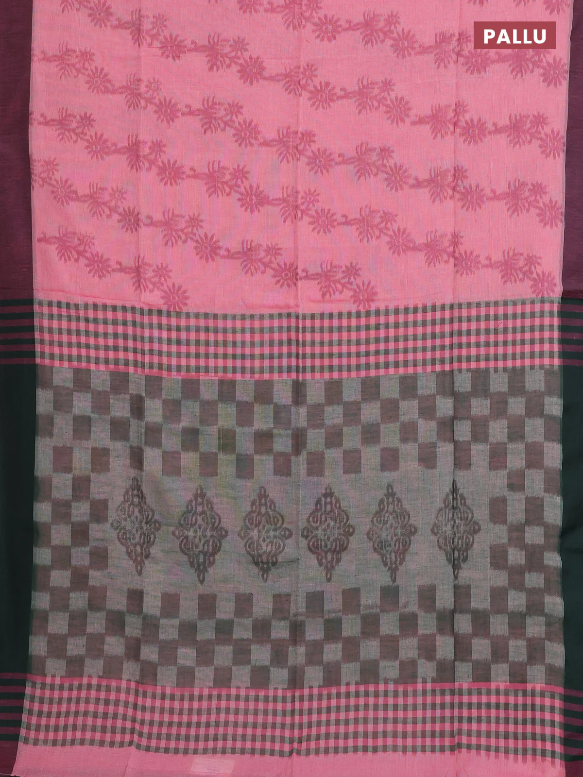 Bengal soft cotton saree pink and green with allover weaves and simple border - Image 3