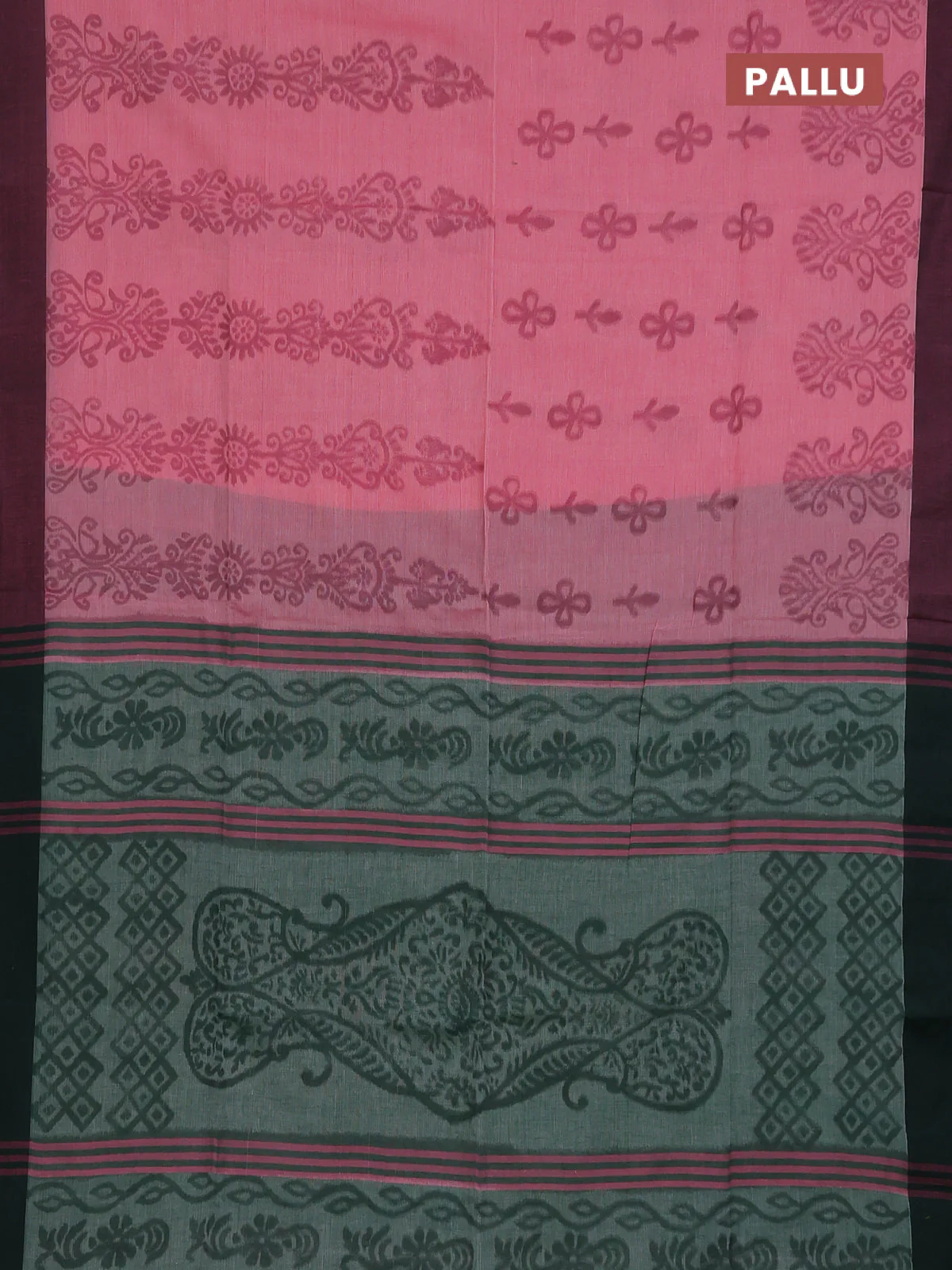Bengal soft cotton saree pink and green with allover weaves and simple border - Image 3