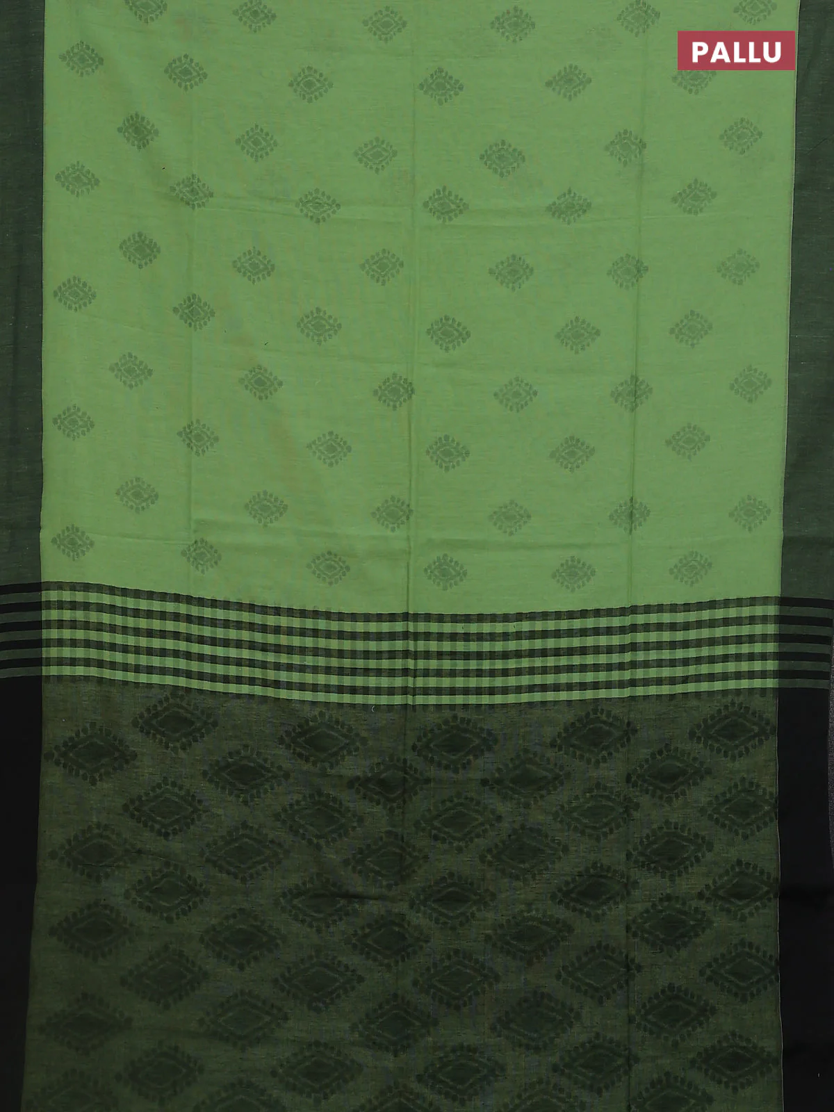 Bengal soft cotton saree pista green and black with allover butta weaves and simple border - Image 3