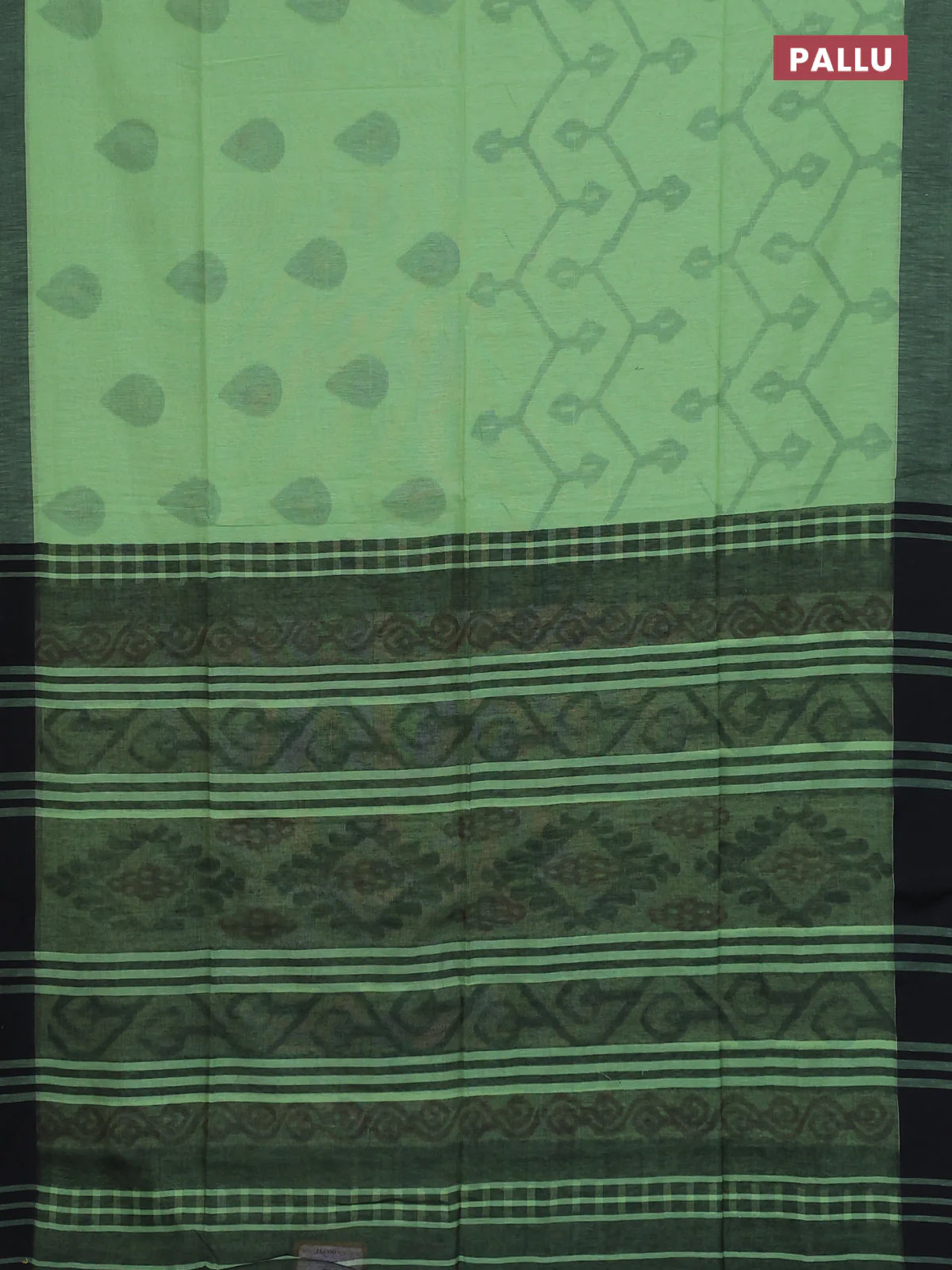 Bengal soft cotton saree pista green and black with allover butta weaves and simple border - Image 3