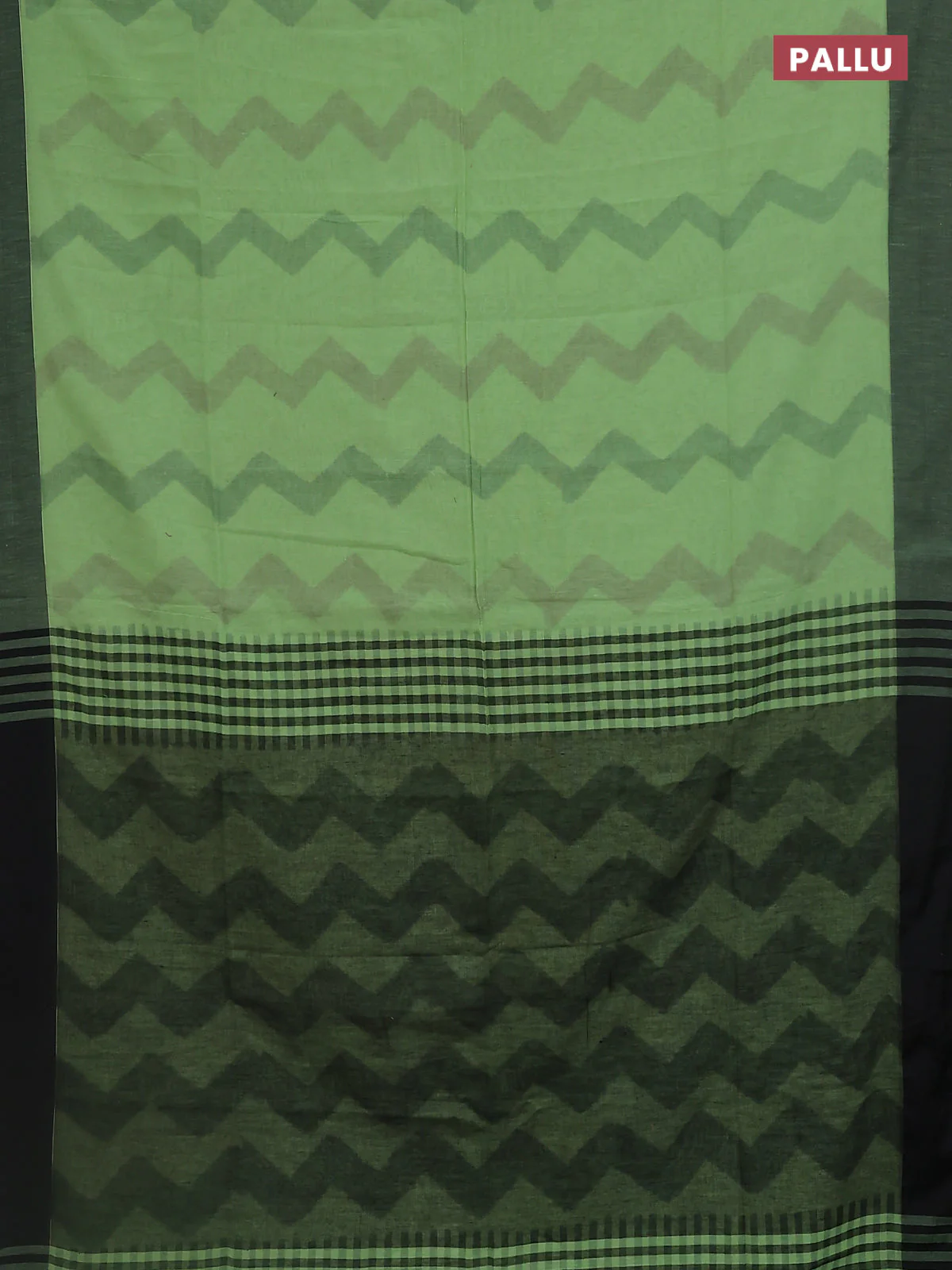 Bengal soft cotton saree pista green and black with allover weaves and simple border - Image 3