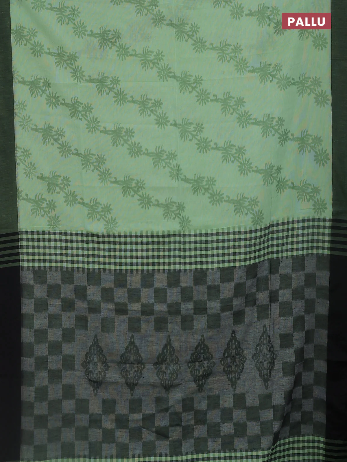 Bengal soft cotton saree pista green and black with allover weaves and simple border - Image 3