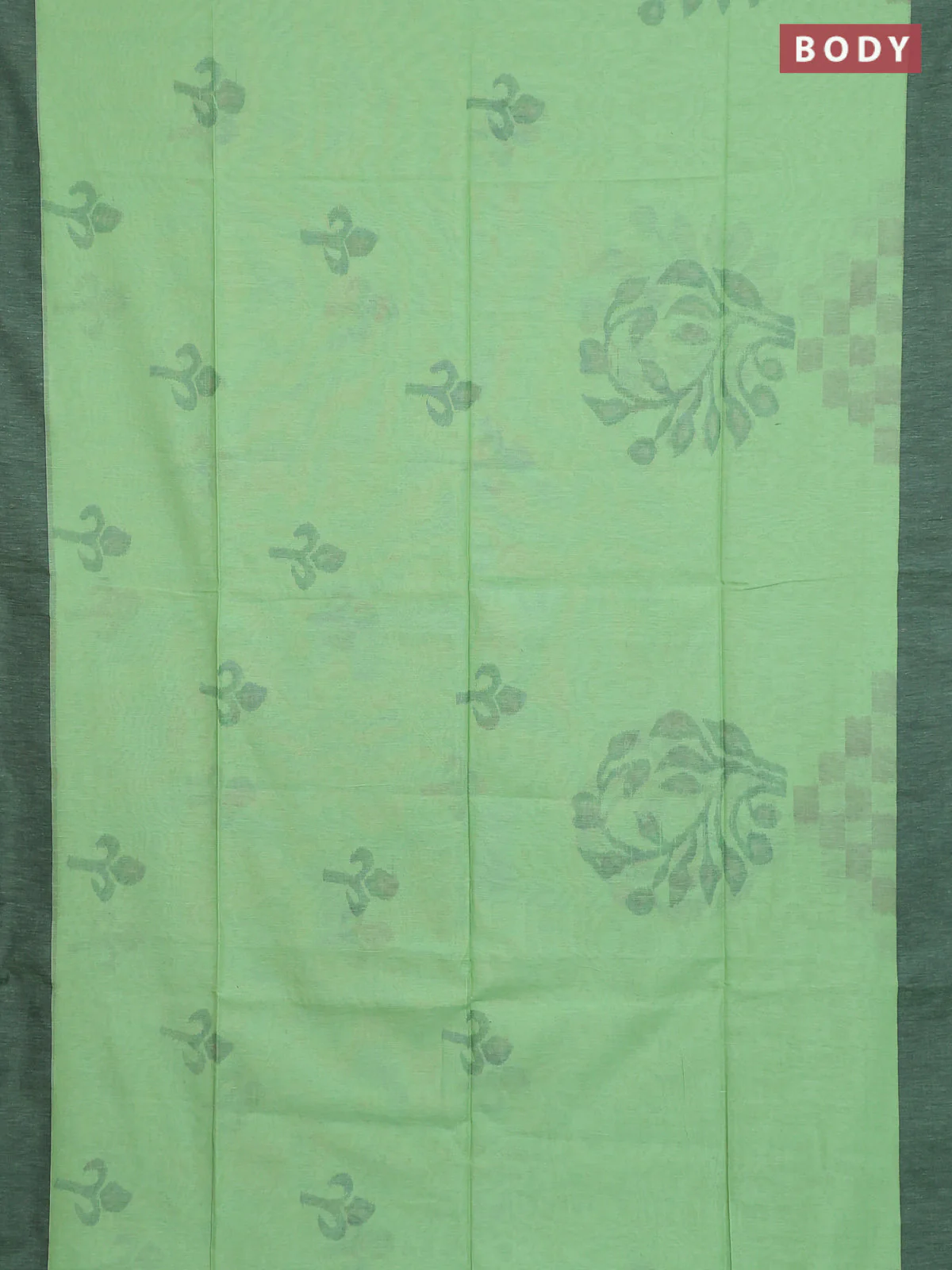 Bengal soft cotton saree pista green and black with allover weaves and simple border - Image 2