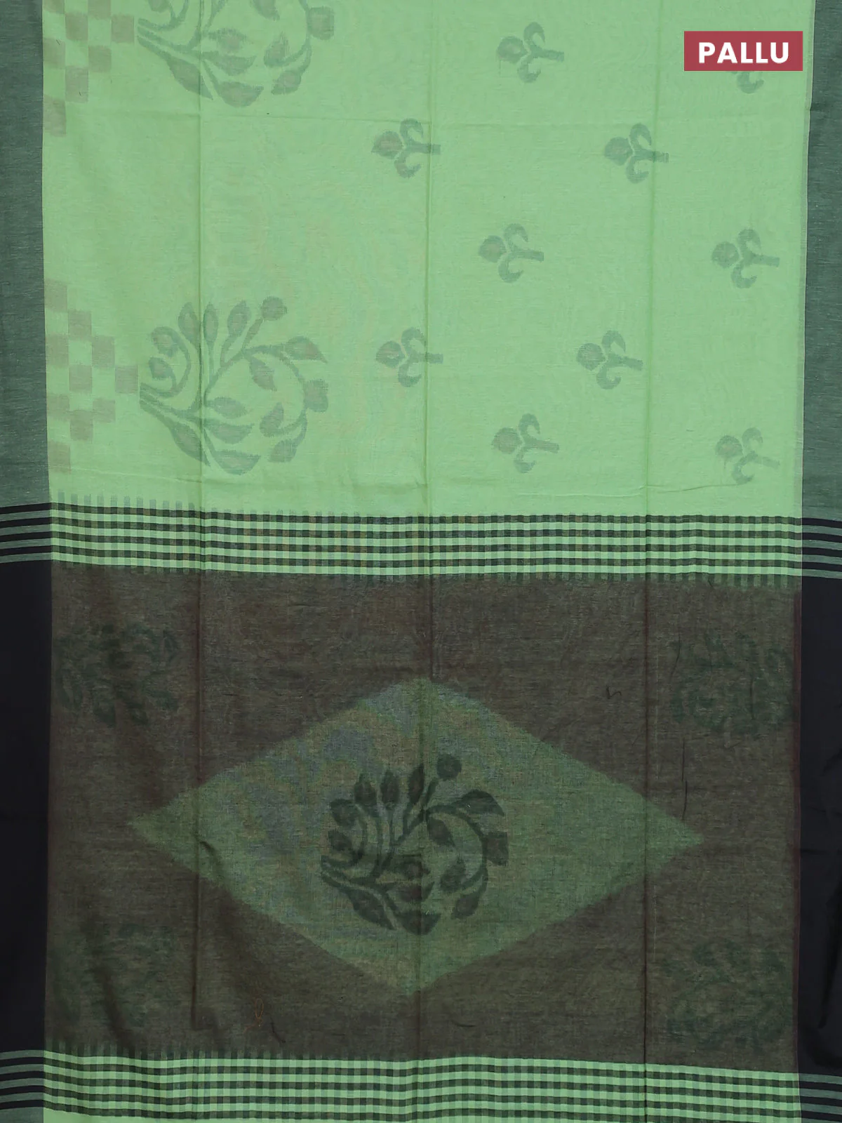 Bengal soft cotton saree pista green and black with allover weaves and simple border - Image 3