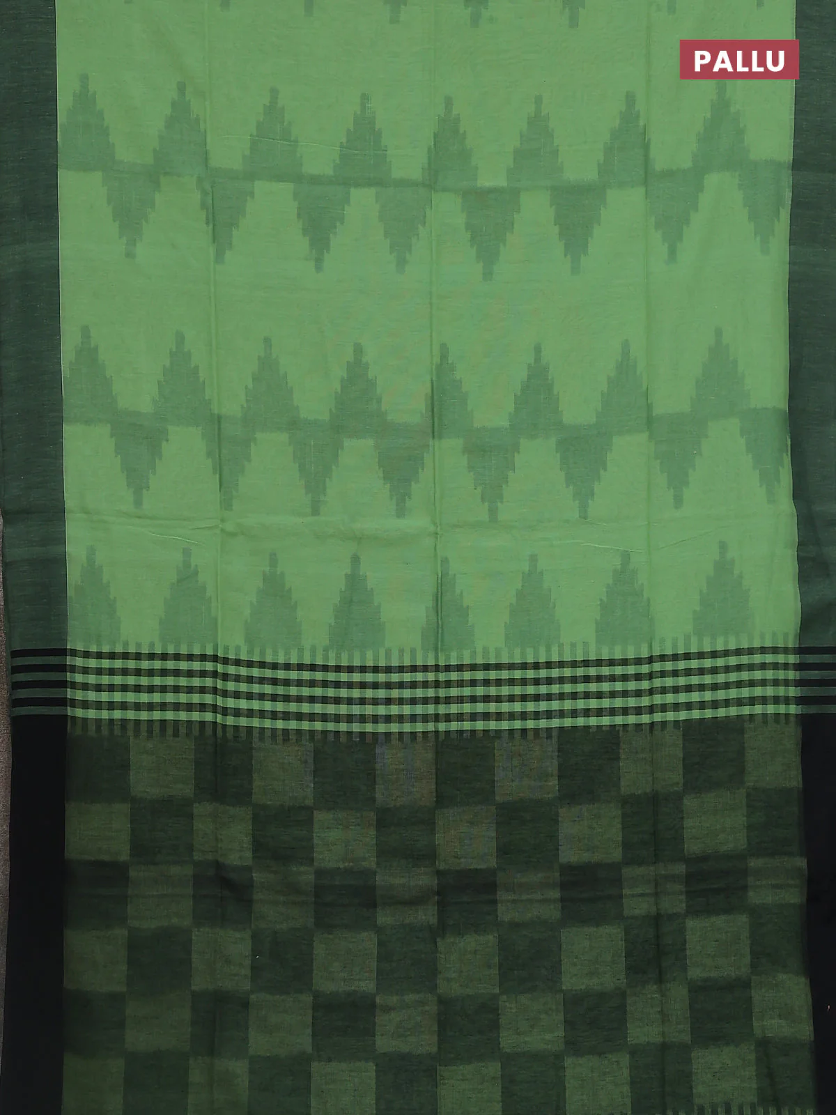 Bengal soft cotton saree pista green and black with allover weaves and simple border - Image 3
