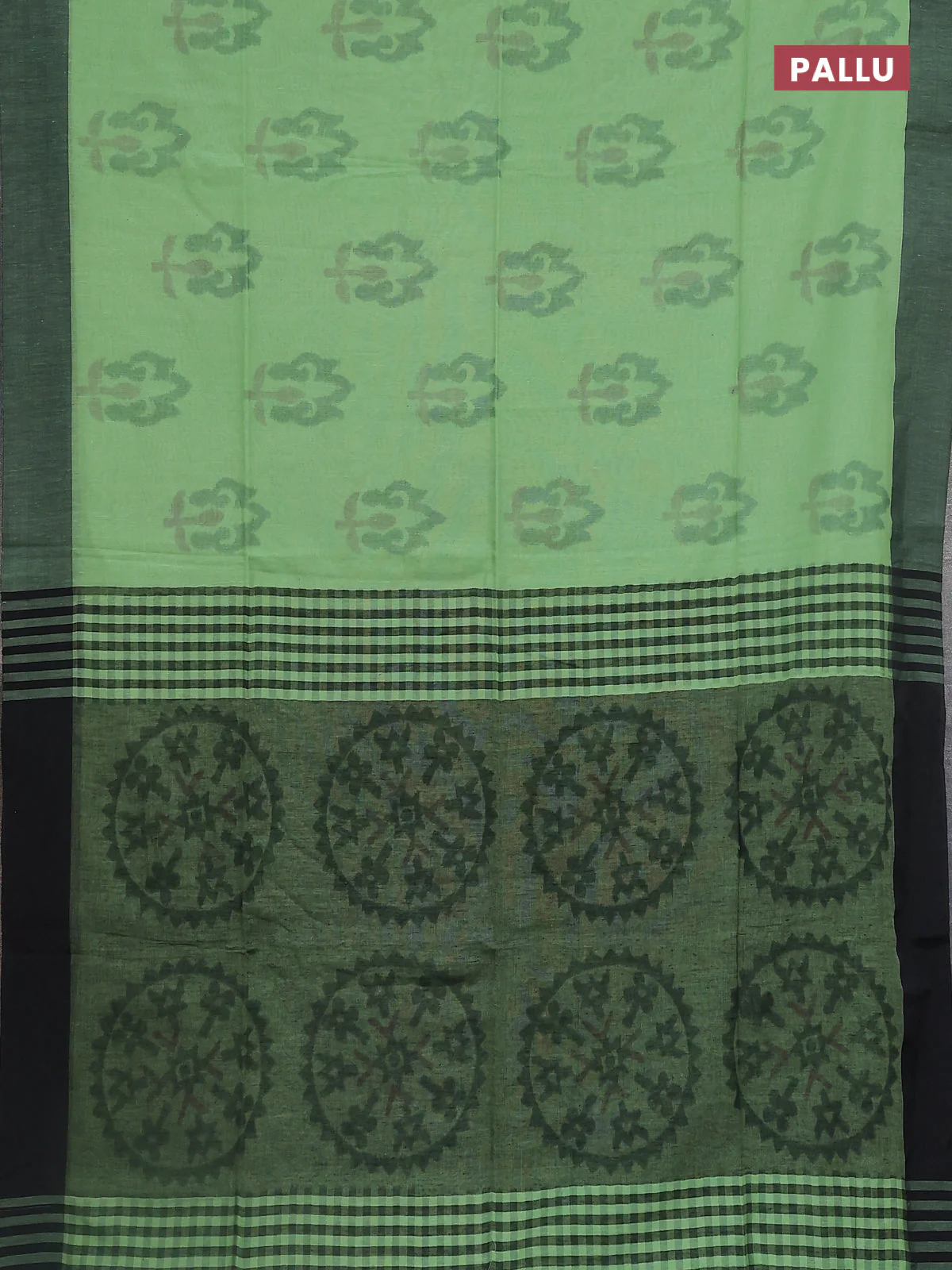 Bengal soft cotton saree pista green and black with allover weaves and simple border - Image 3