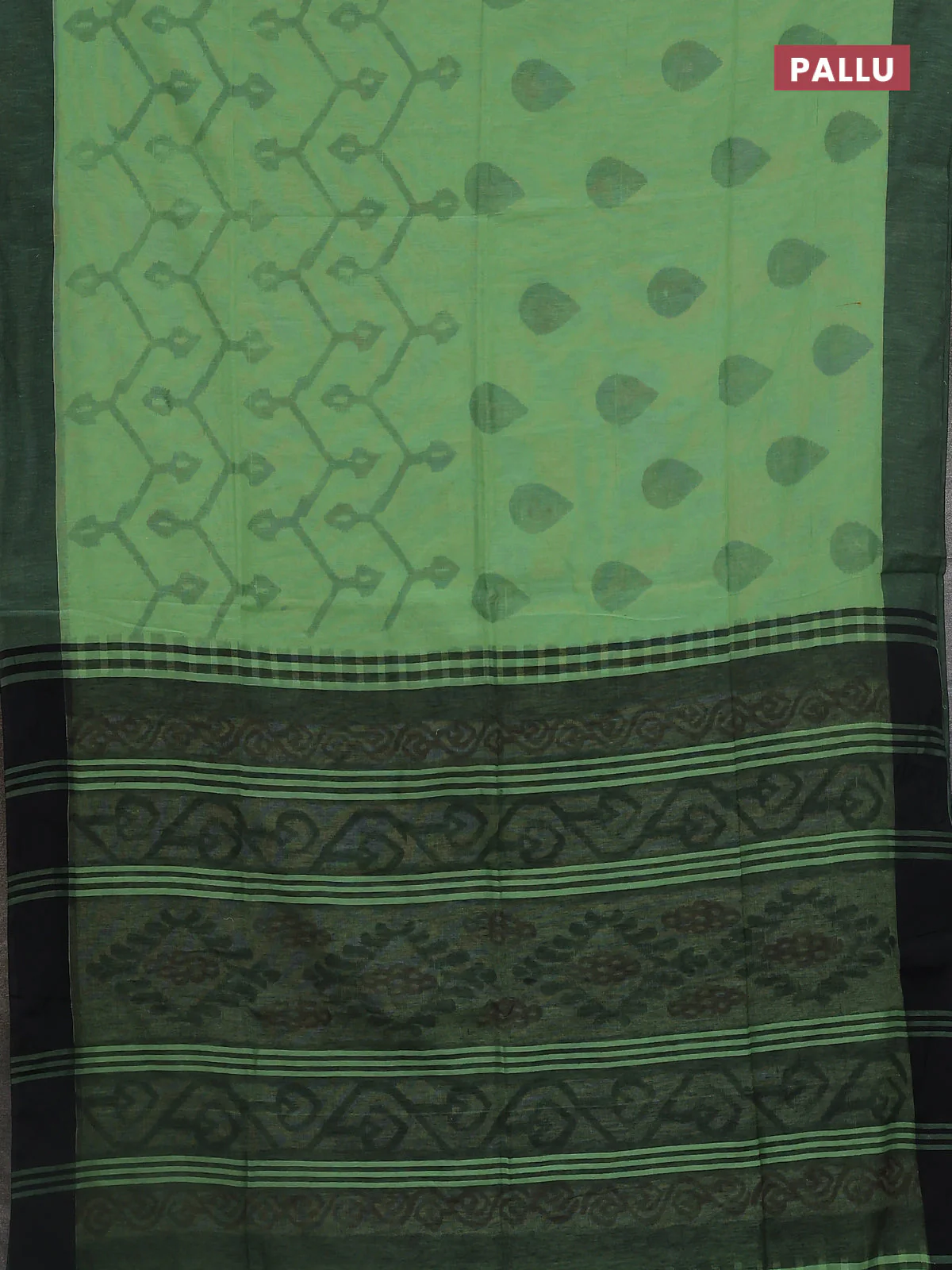 Bengal soft cotton saree pista green and black with allover weaves and simple border - Image 3