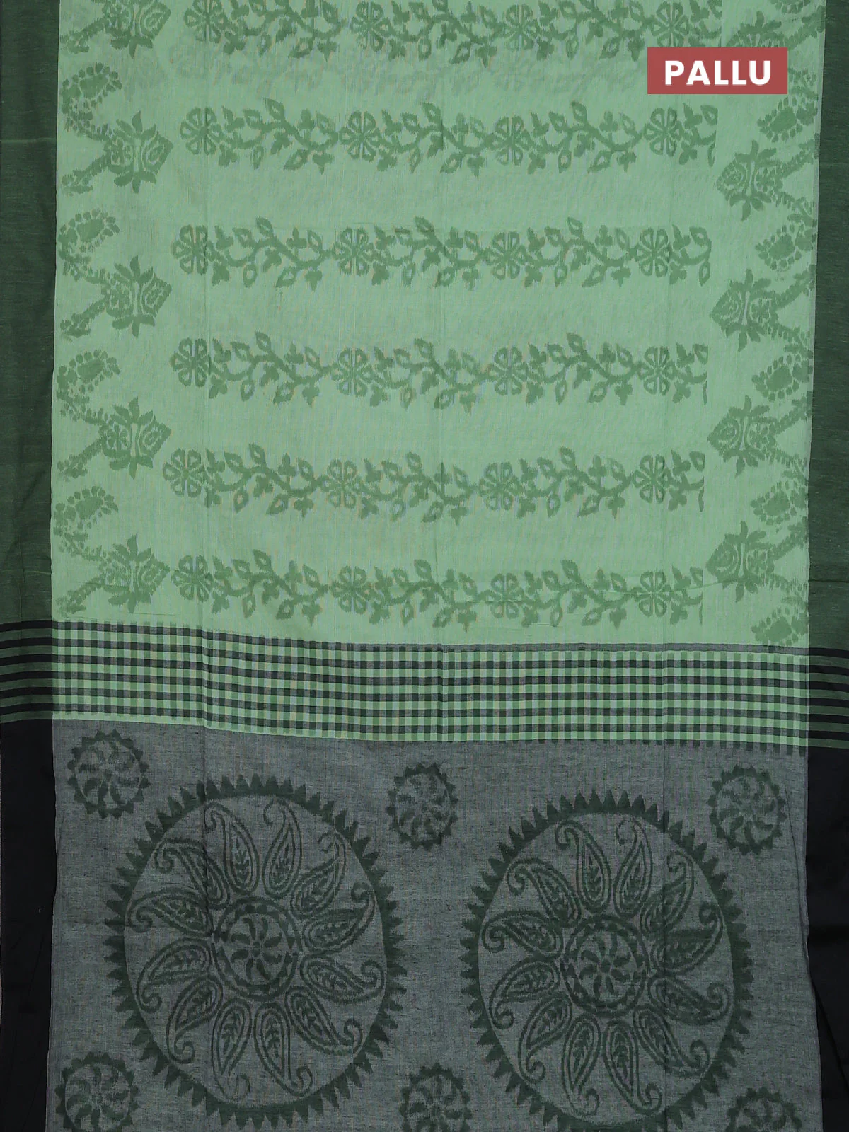 Bengal soft cotton saree pista green and black with allover weaves and simple border - Image 3