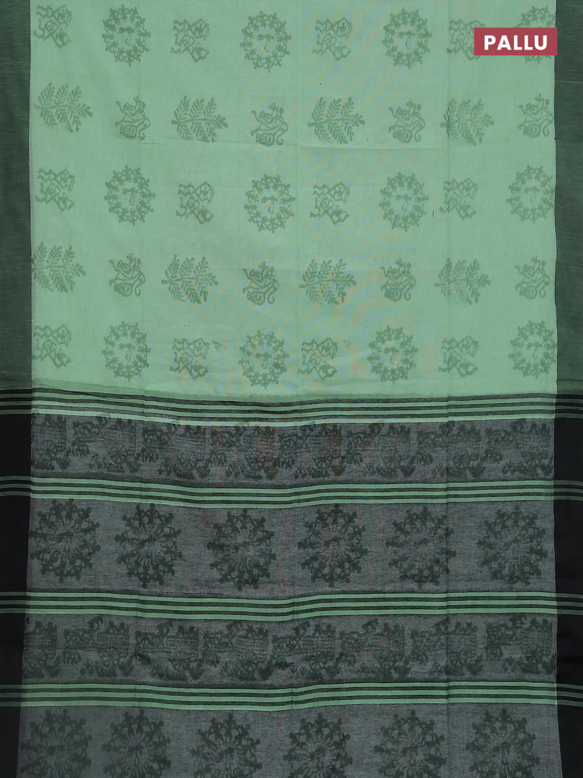 Bengal soft cotton saree pista green and black with butta weaves and simple border - Image 3
