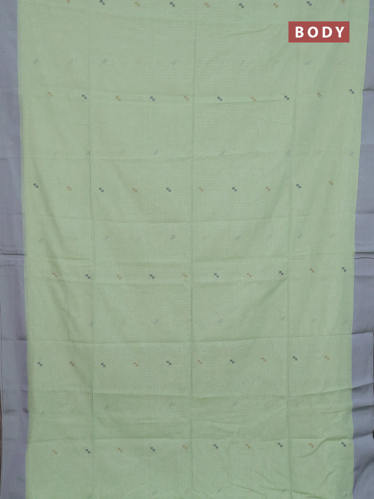 Bengal soft cotton saree pista green and grey with thread woven buttas and simple border - Image 2