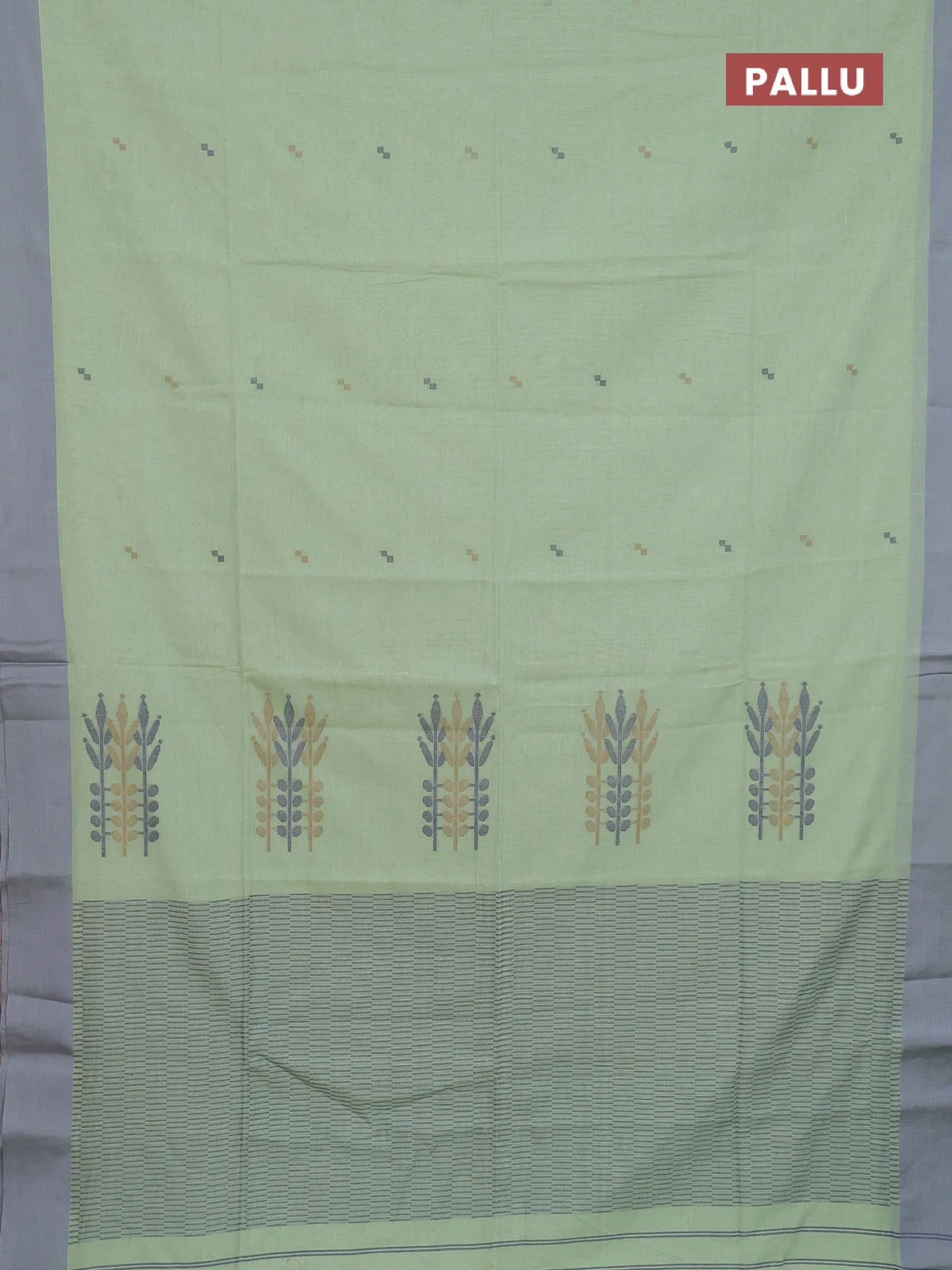 Bengal soft cotton saree pista green and grey with thread woven buttas and simple border - Image 3