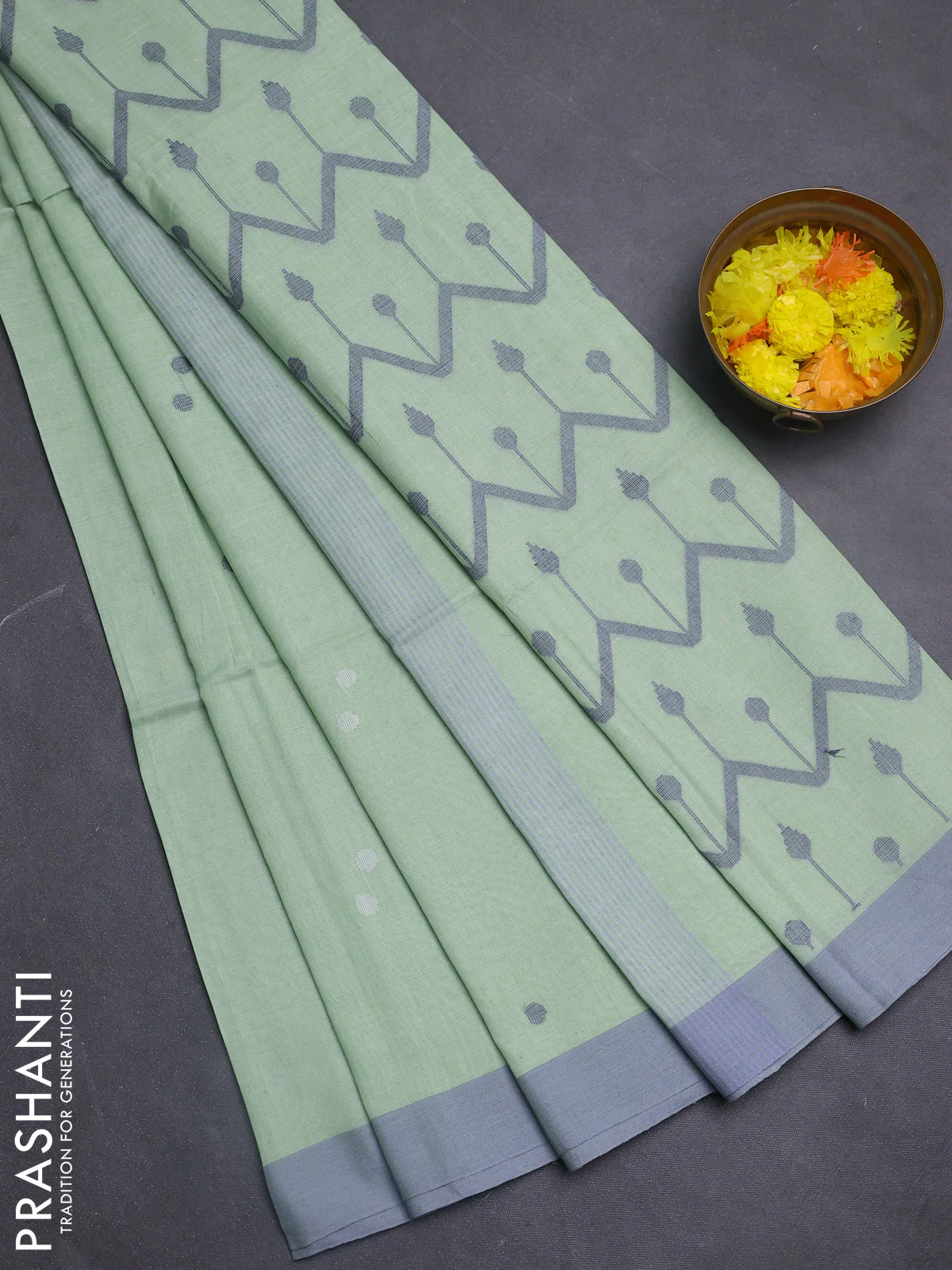 Bengal soft cotton saree pista green and grey with thread woven buttas and simple border